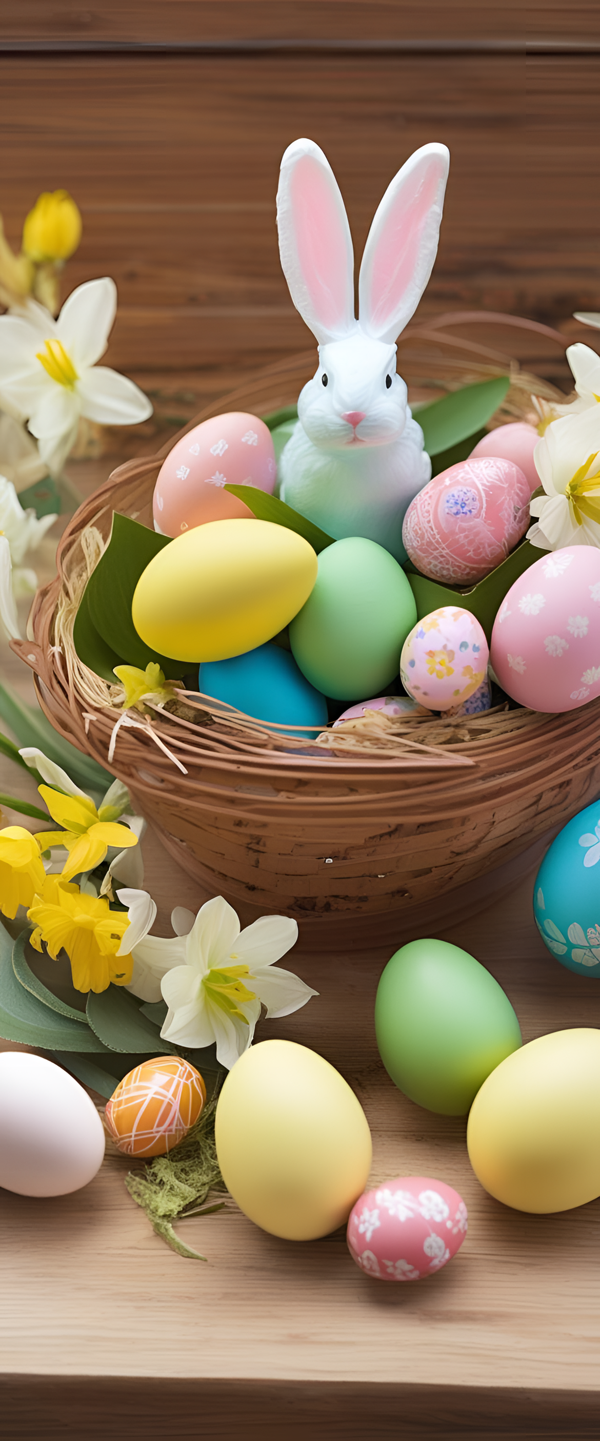 Easter-themed phone wallpaper featuring colorful eggs and floral patterns.