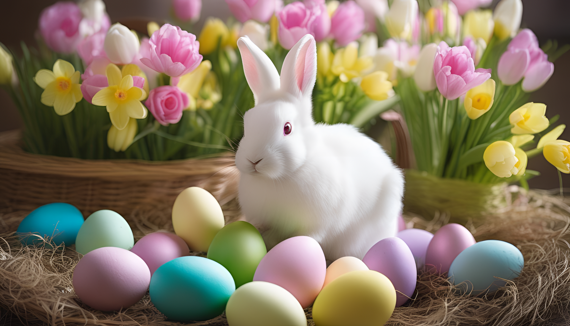 Colorful Easter eggs arranged in a pattern.