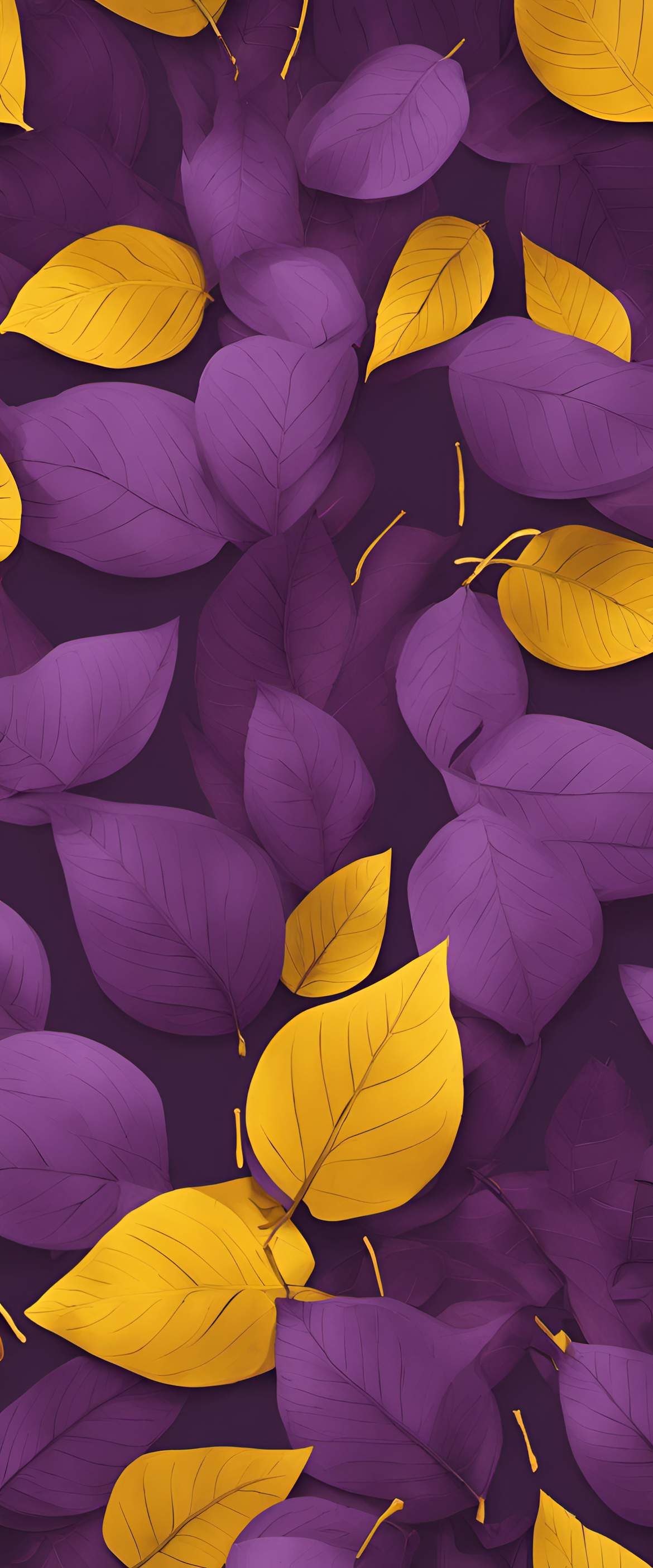 A vibrant autumnal palette with purple and yellow leaves against a matte background.