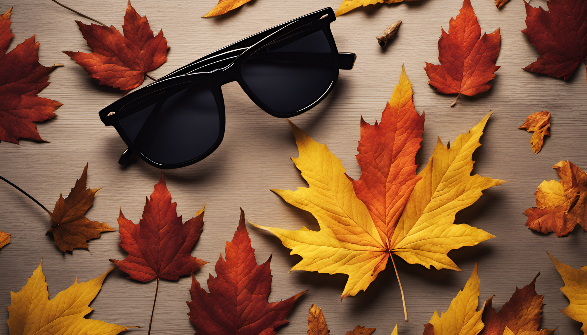 Autumn-themed image featuring sunglasses with fall leaves reflecting on lenses.