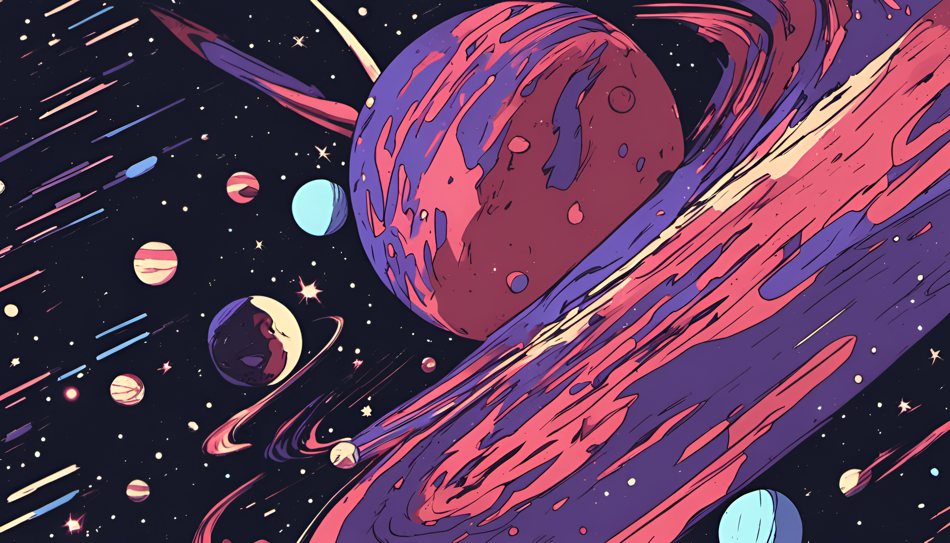 Cosmic marvel of a mesmerizing galaxy in a stunning rotoscope animation style.