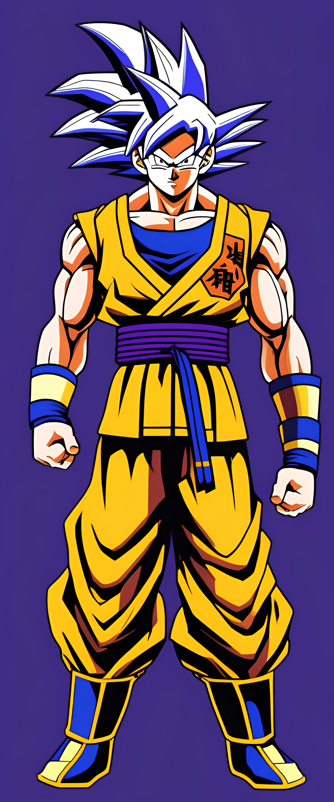 Stylized Goku in purple and yellow colors on a phone wallpaper.