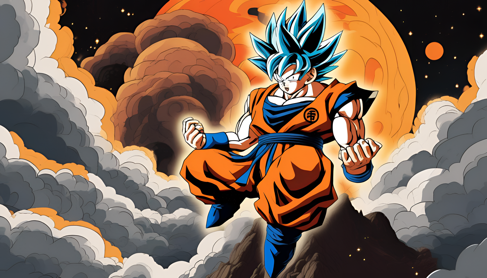 Surrealistic Goku posing with vibrant colors and abstract elements.