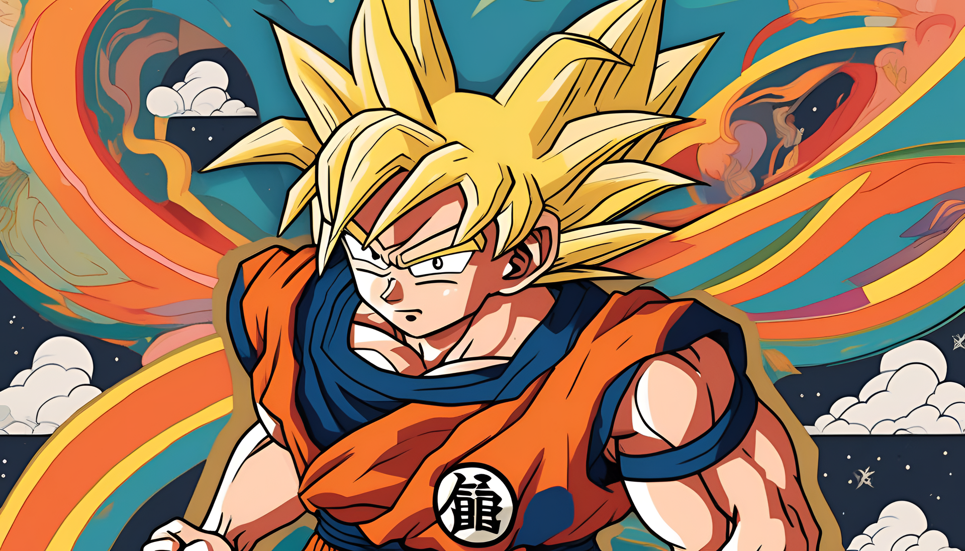 Colorful Goku illustration in a naive art style.