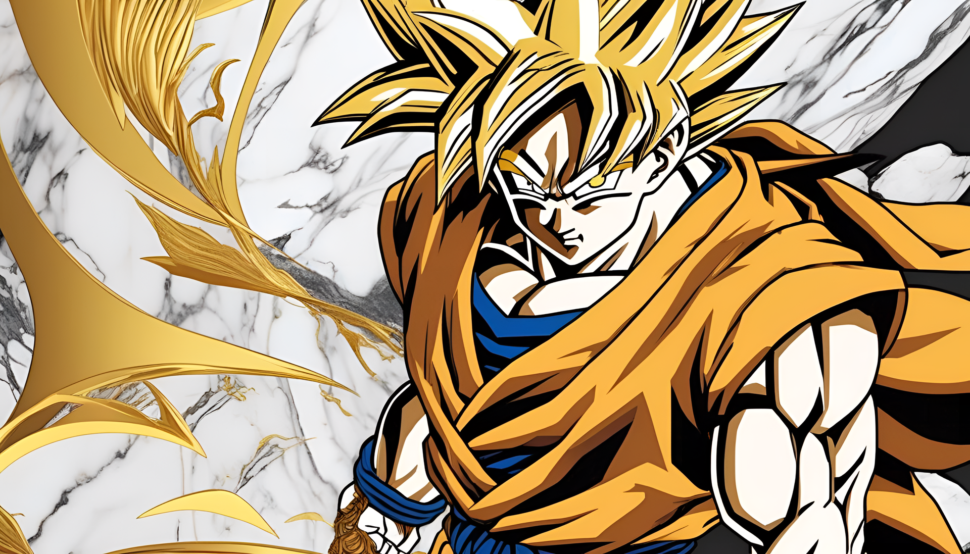 Golden Goku in sharp focus on marble background.