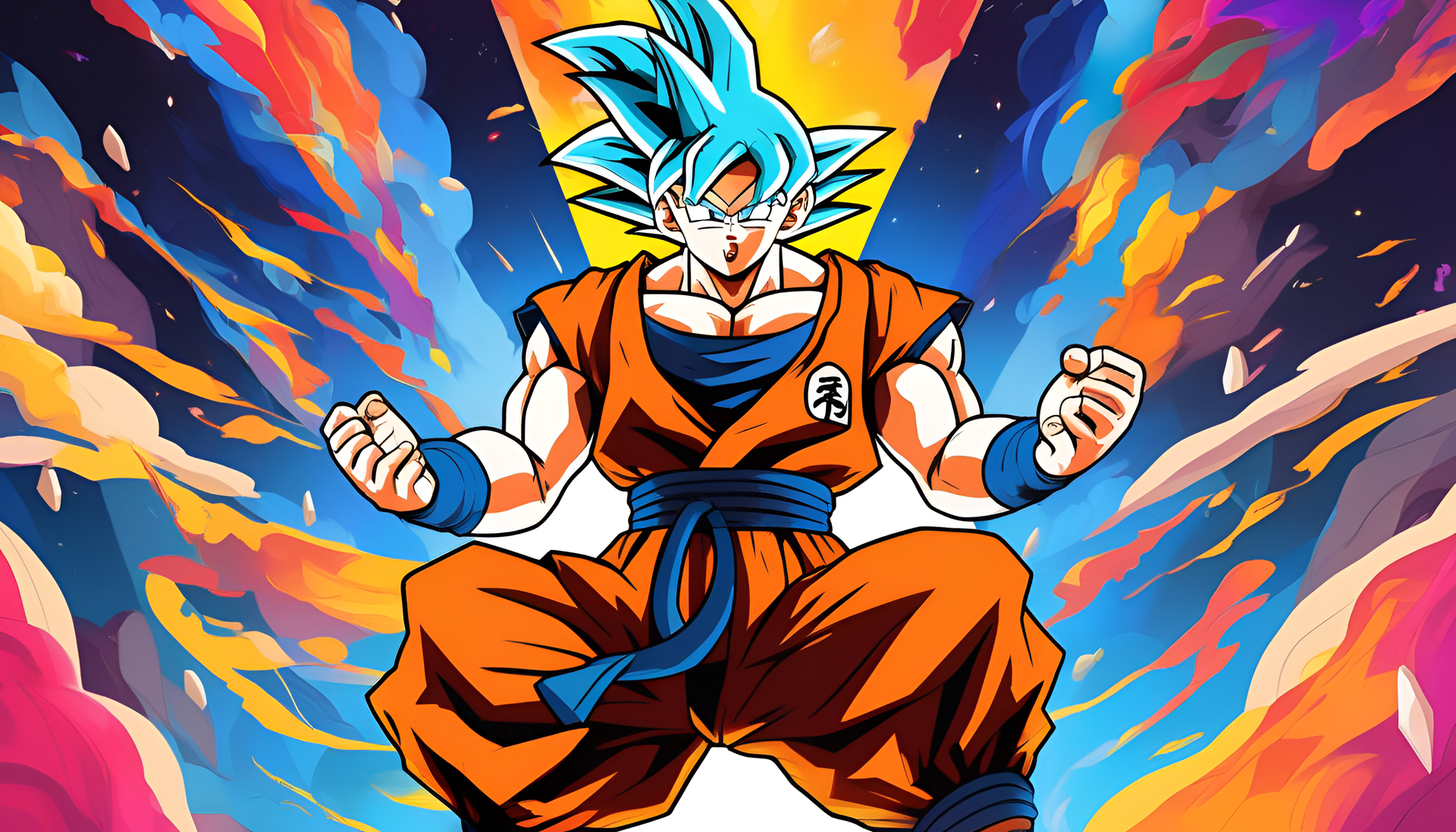 Colorful background with Goku, the main character from an RPG game.