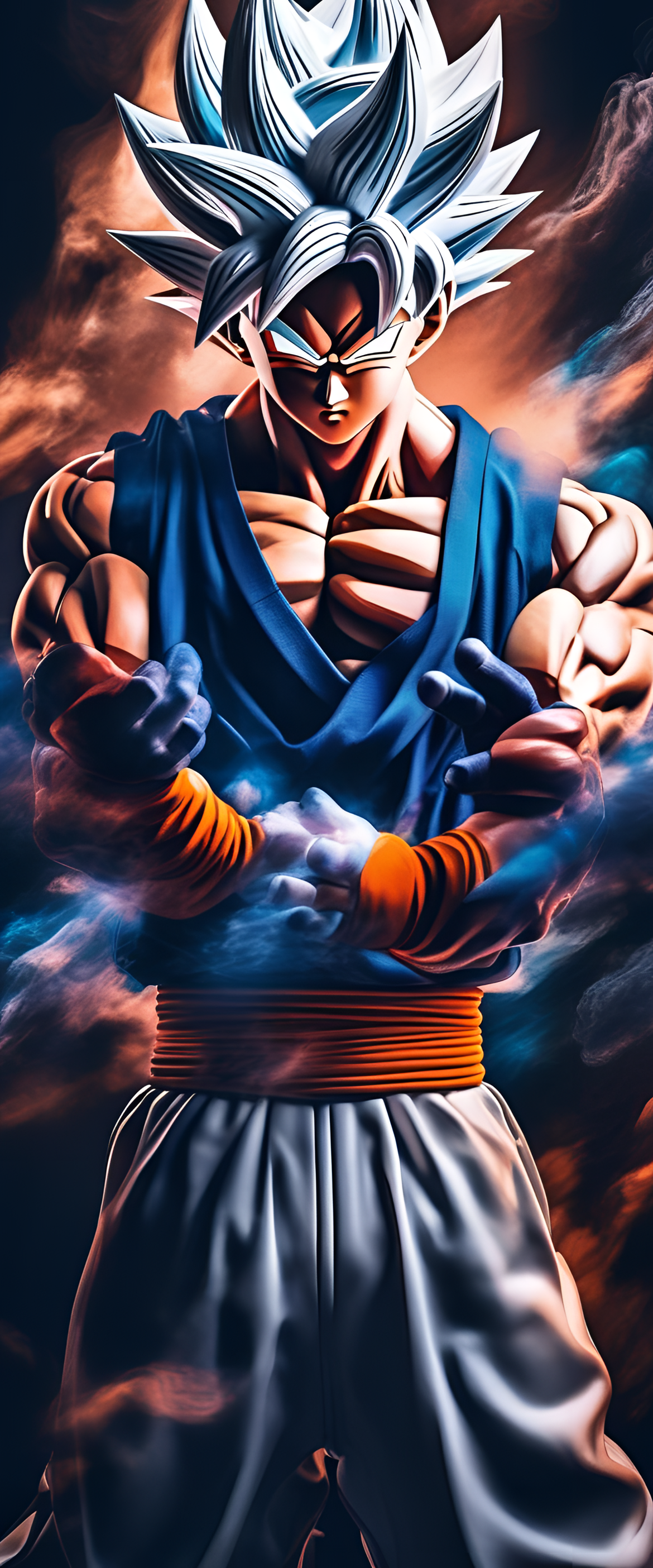 Goku in high fashion attire, radiating power and intensity.