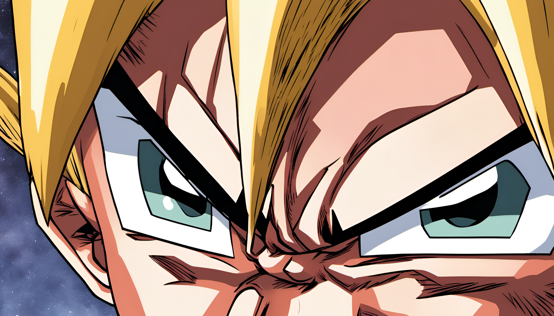 Goku's intense close-up headshot, displaying determination and power.