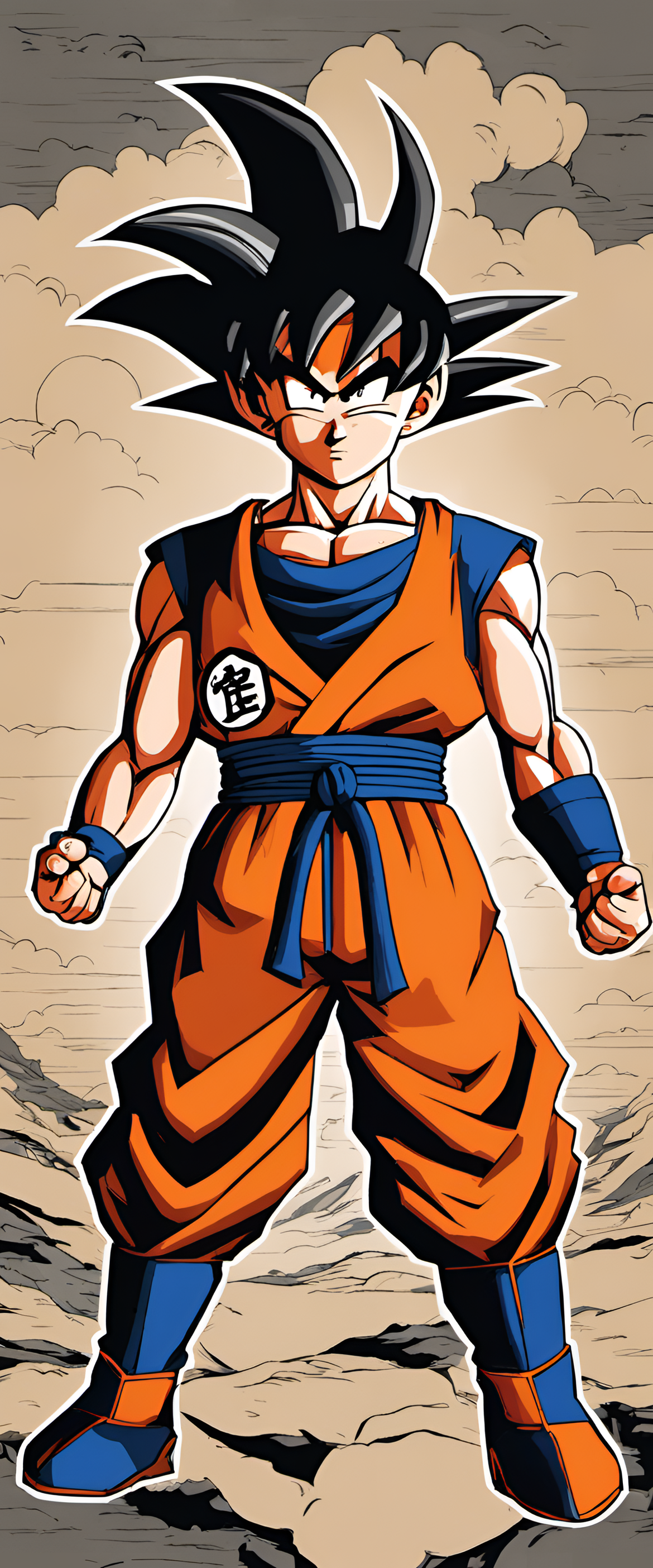 Powerful warrior Goku in a dynamic pose, ready for battle.