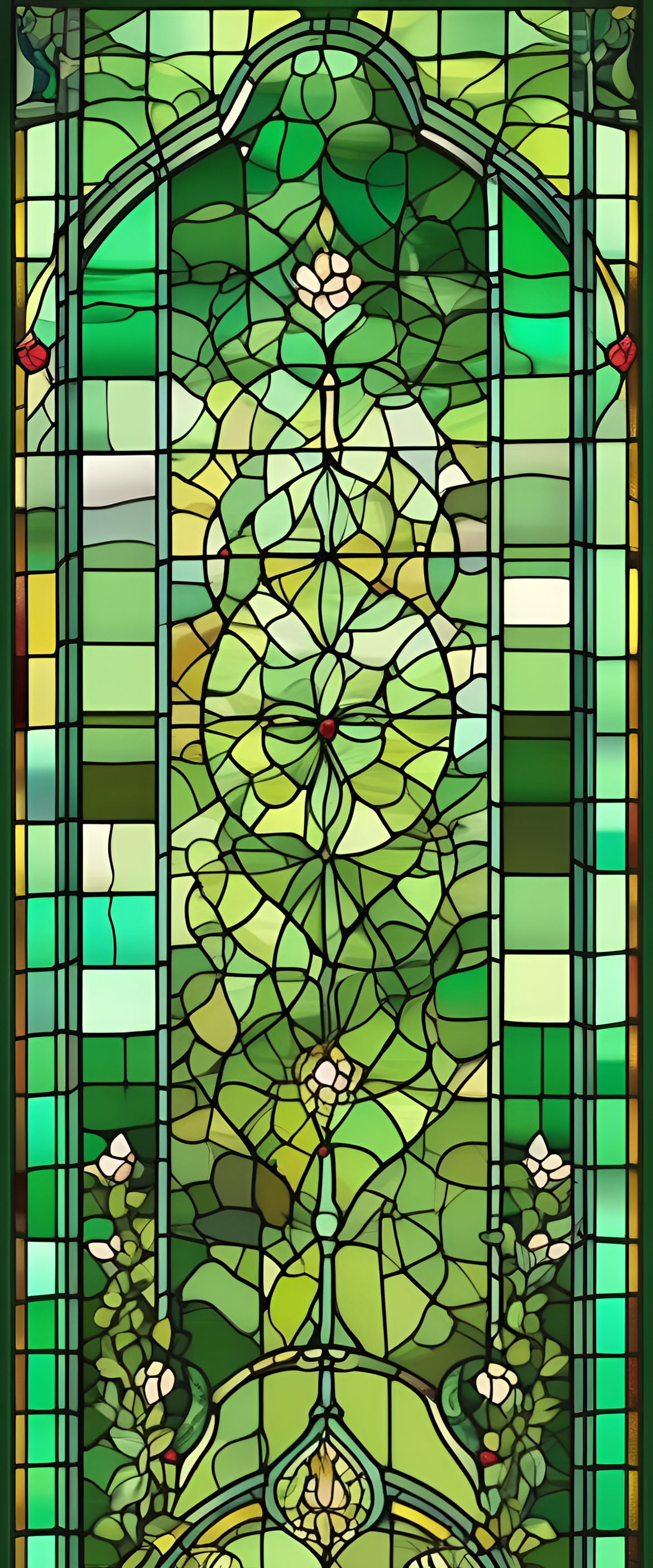 A vibrant, abstract stained glass design with green hues.