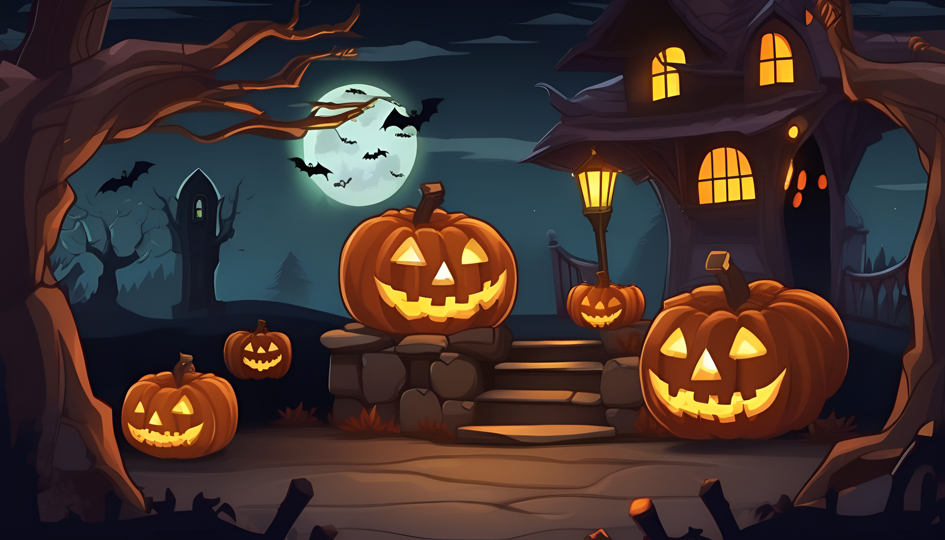 Halloween-themed desktop wallpaper with a spooky and mystical RPG game-inspired design.