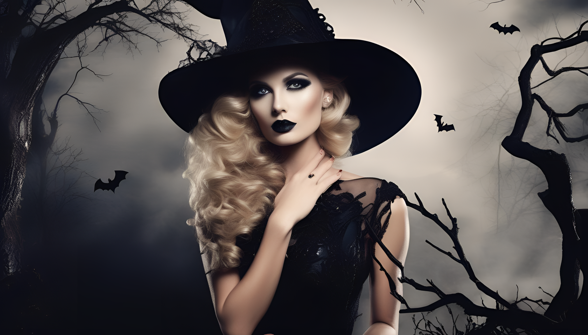 Halloween-inspired high fashion photography wallpaper.