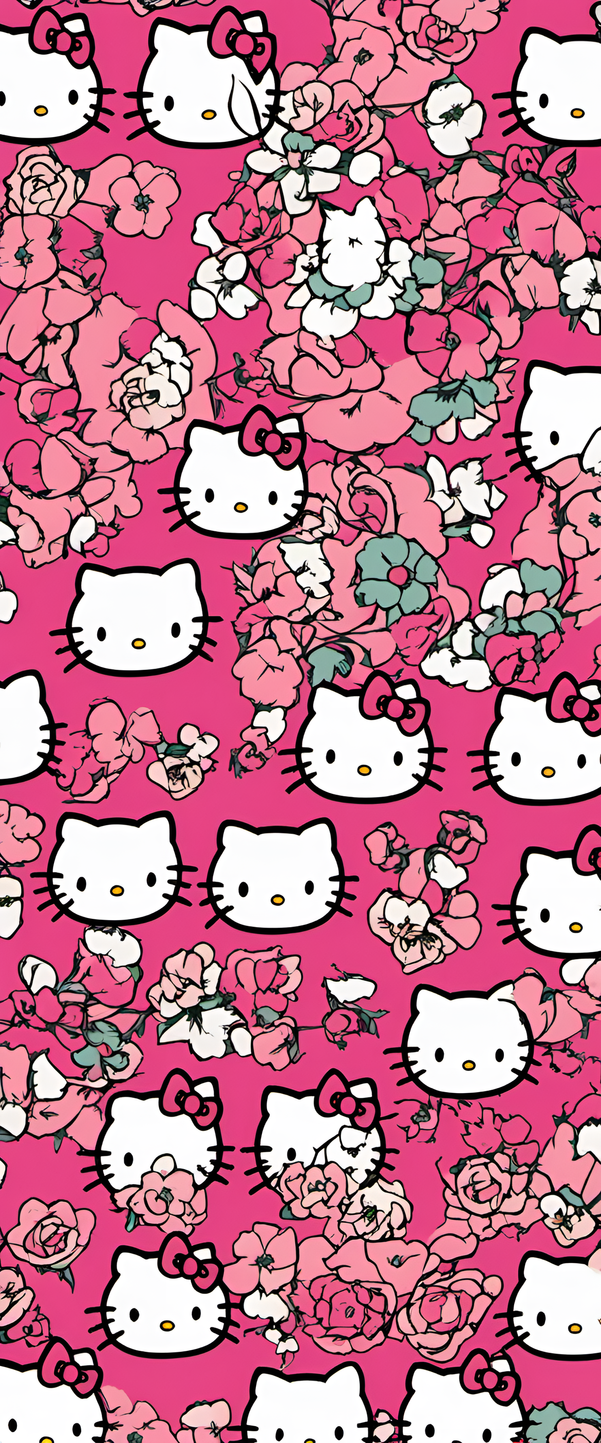 Hello Kitty character with pink bow and white fur against a pastel background.