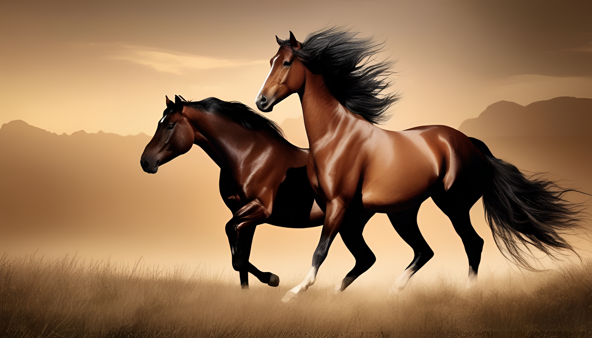 Majestic brown horse galloping in open field