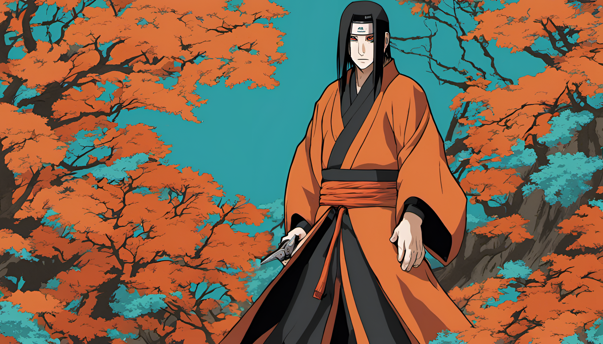 Itachi Uchiha featuring turquoise and orange colors in HD desktop wallpaper.