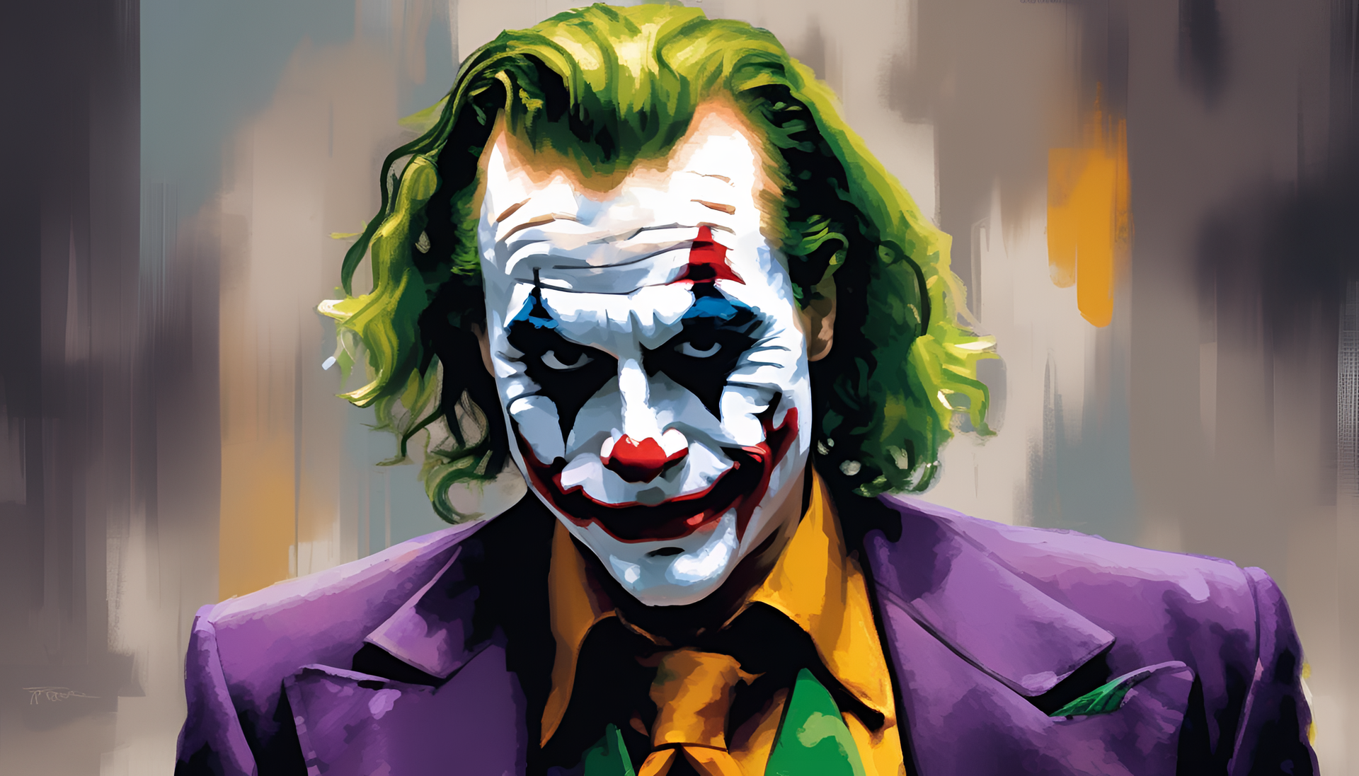 Mysterious and sinister portrait of the Joker in an impressionist style.