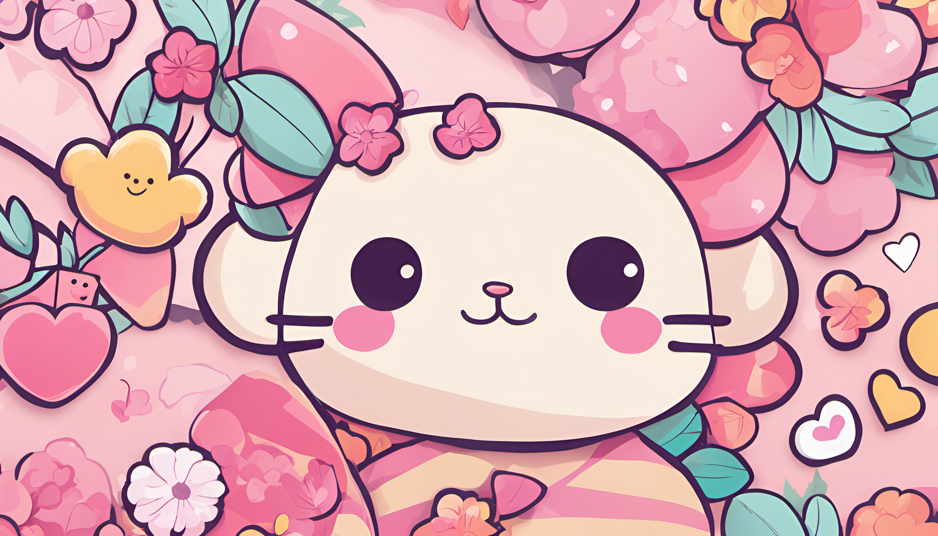 Colorful kawaii characters in a cute wallpaper pattern.