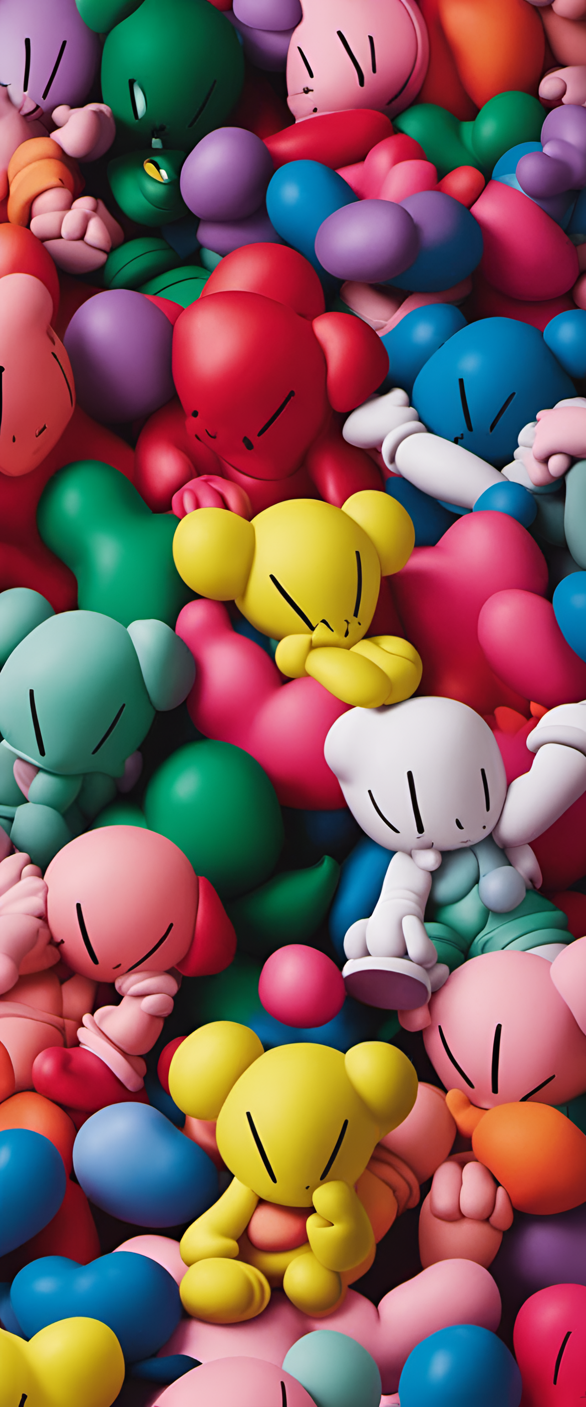 Colorful Kaws in a stylish photoshoot pose against a vibrant background.