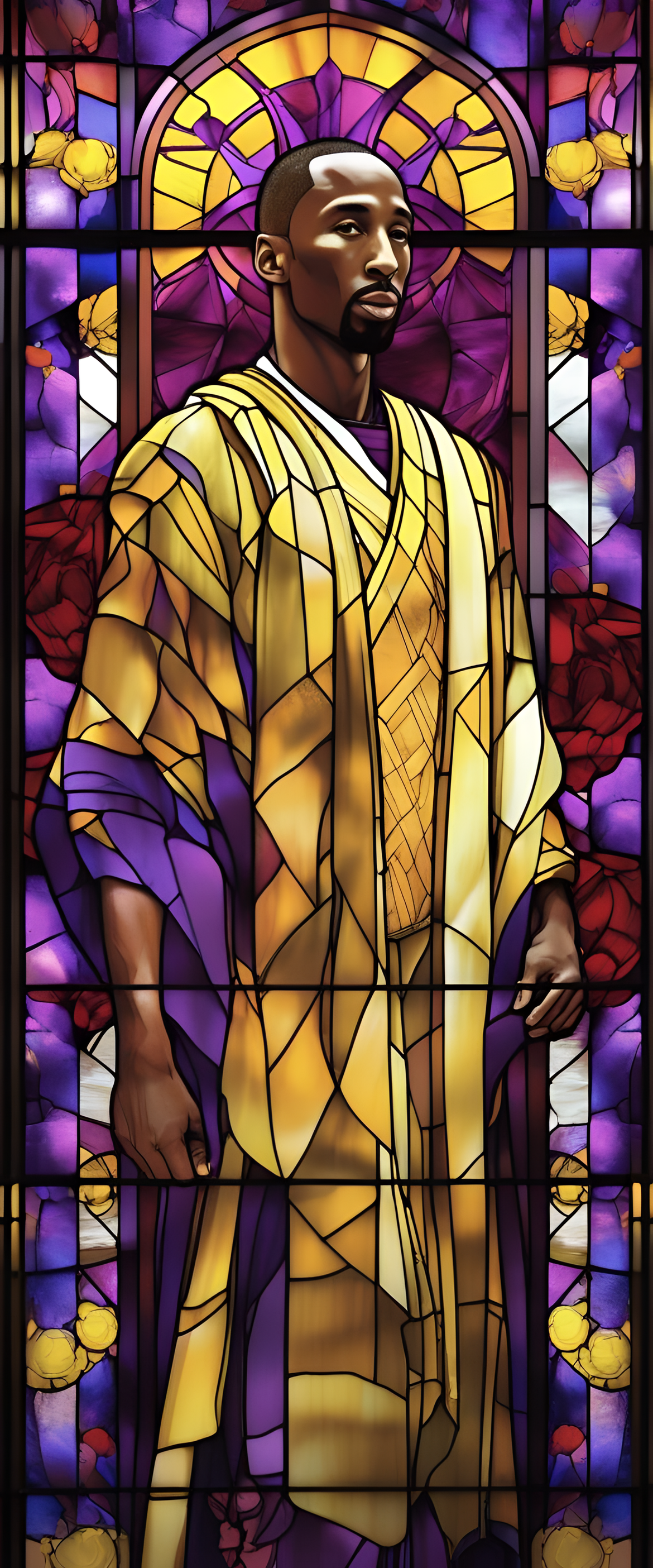 Kobe Bryant in colorful stained glass.