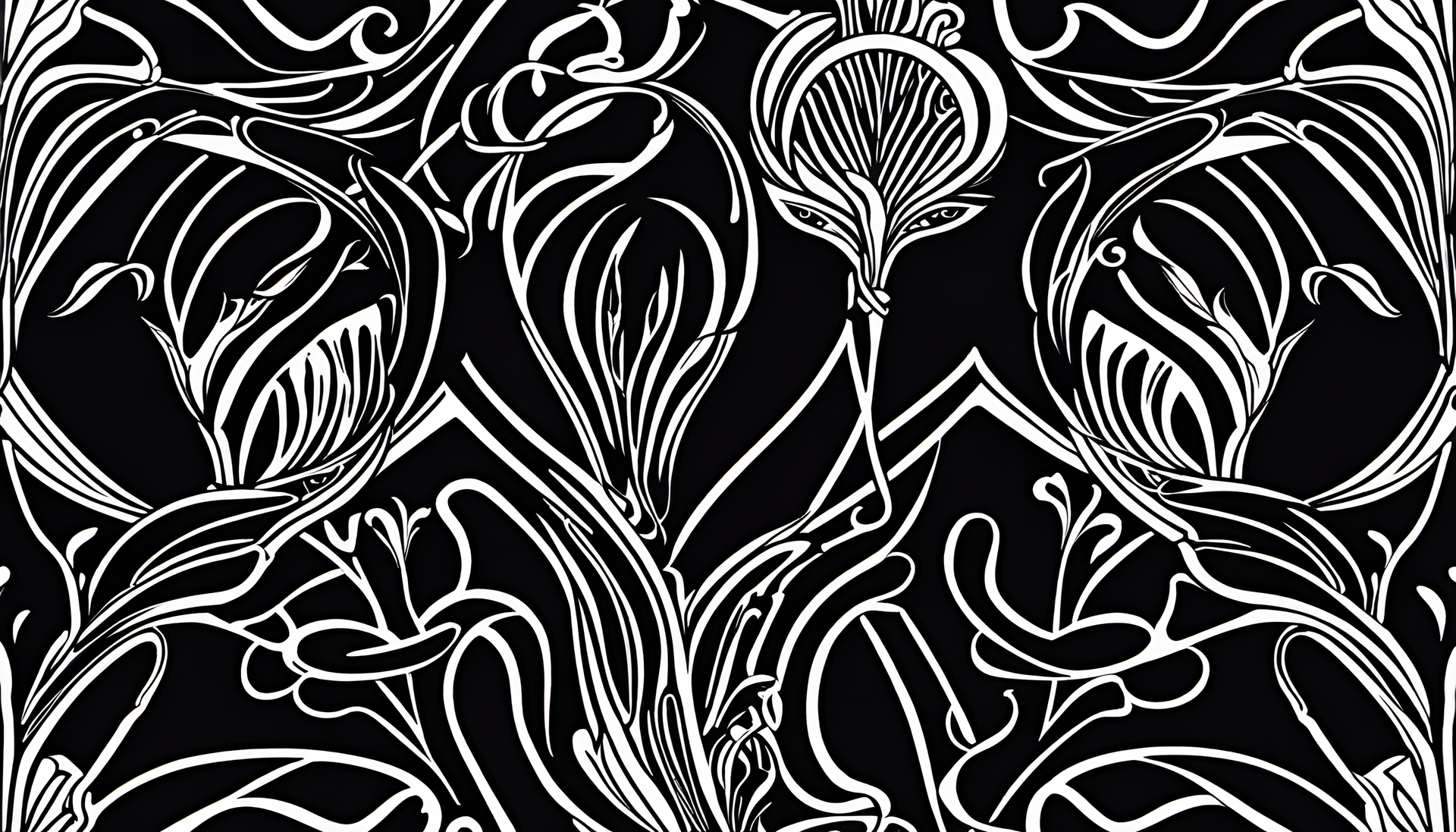 Art Nouveau-inspired black wallpaper design with intricate floral patterns and flowing organic shapes.