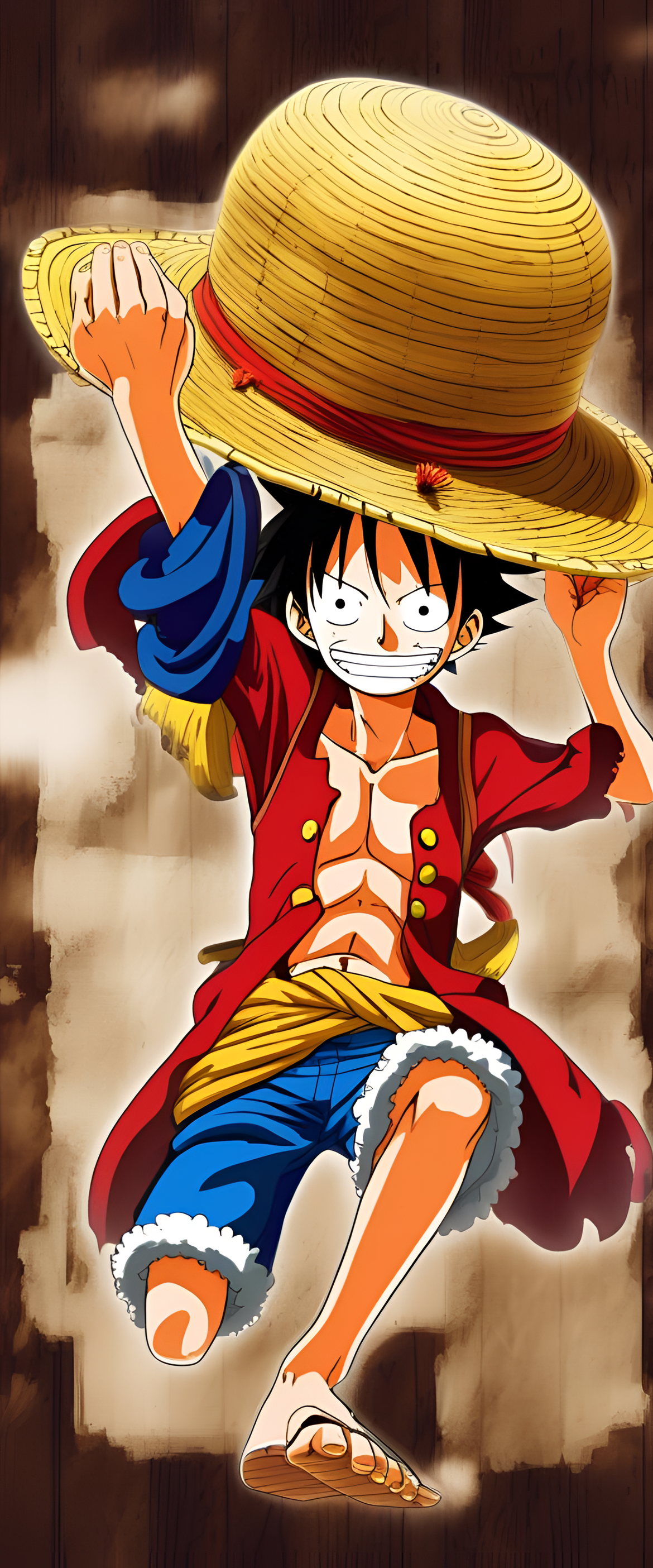 Luffy, the protagonist of One Piece, is featured in this dynamic phone wallpaper.