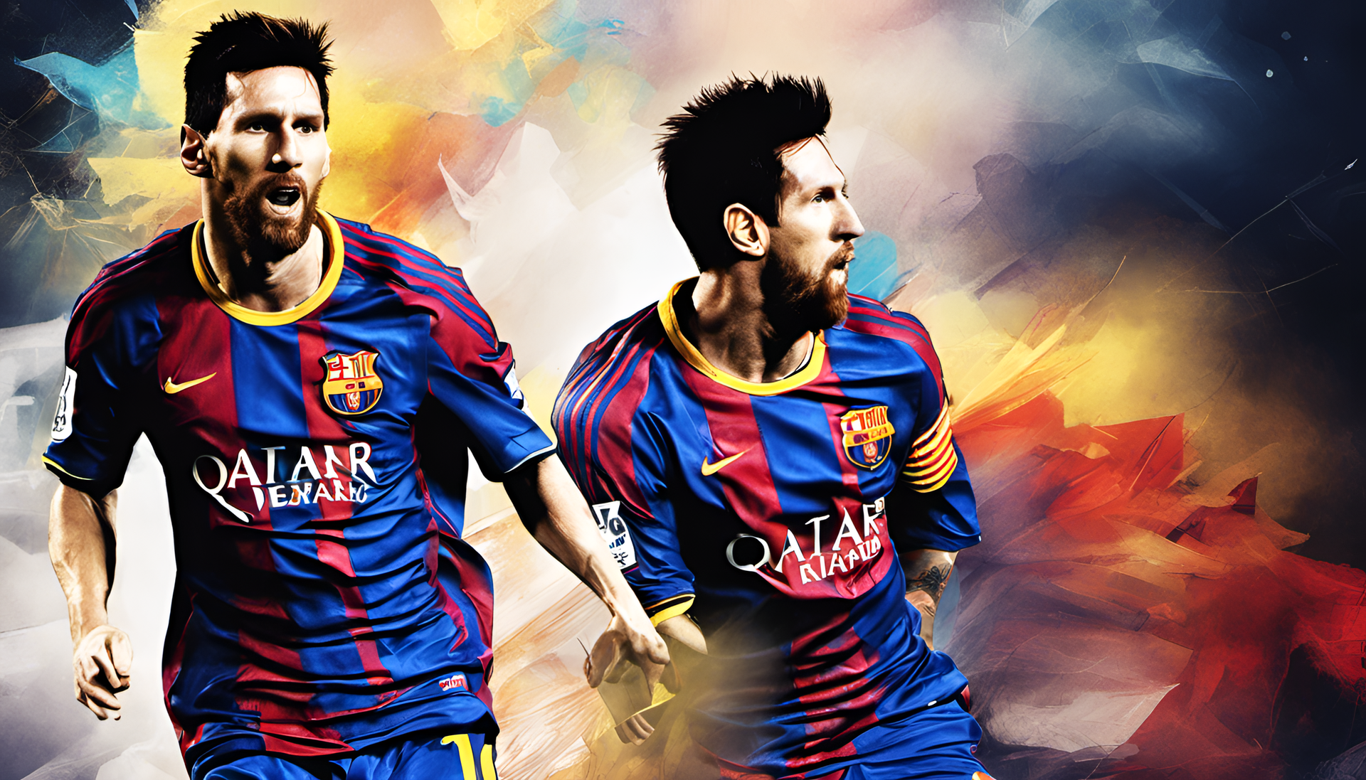 Leo Messi posing in a dynamic football action, displaying his exceptional skills and agility.