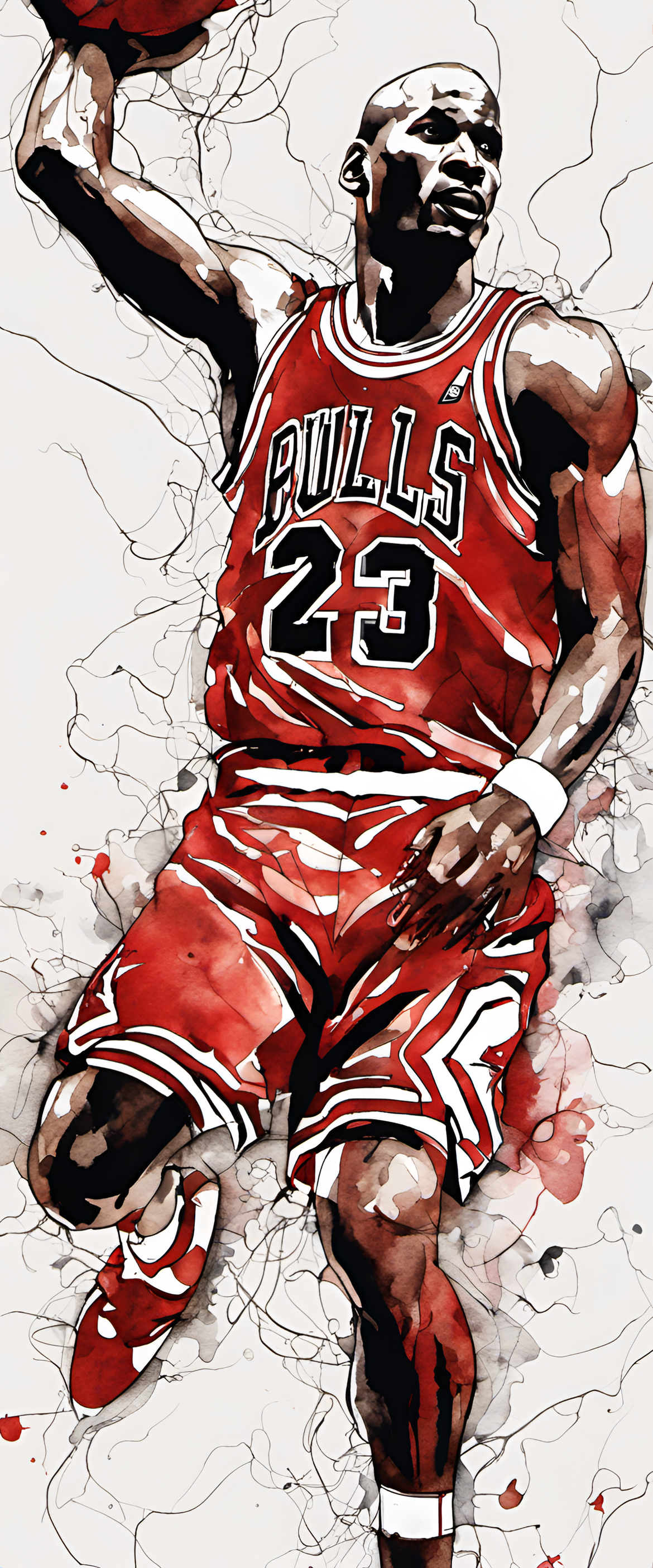 Michael Jordan watercolor portrait with ink pen outline.