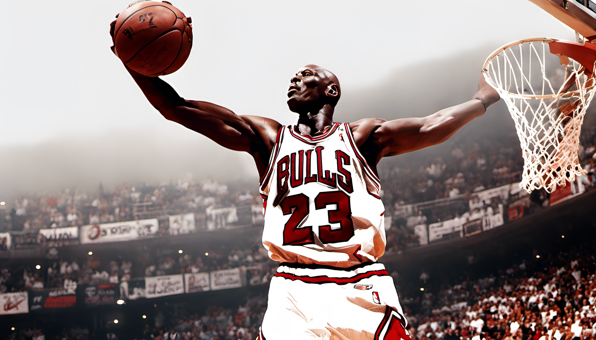 Michael Jordan in action, leaping gracefully toward a basketball hoop.