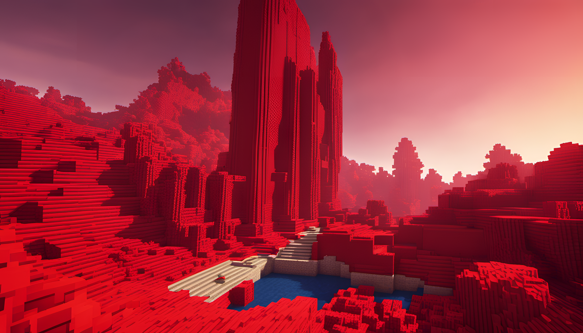 Vibrant red-hued Minecraft landscape.