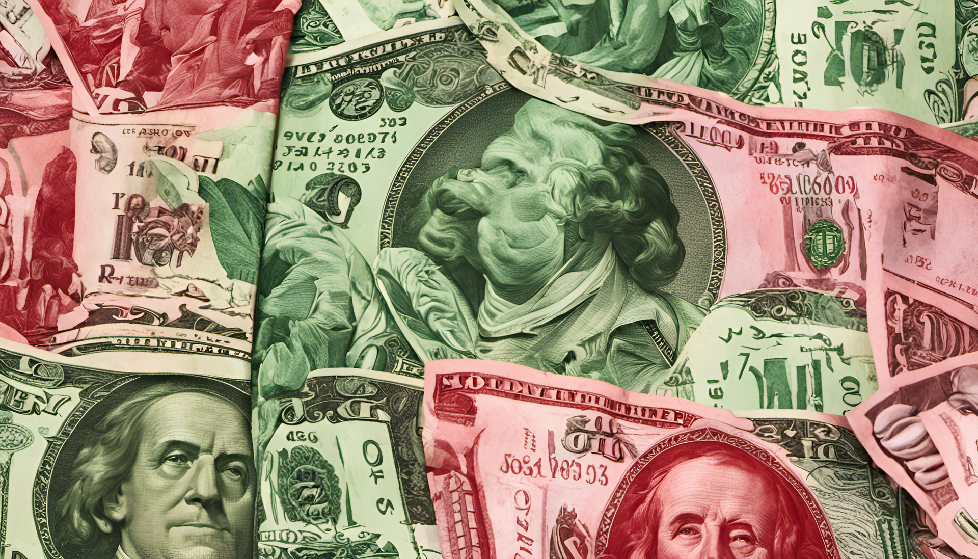 Vibrant red and green money wallpaper background.