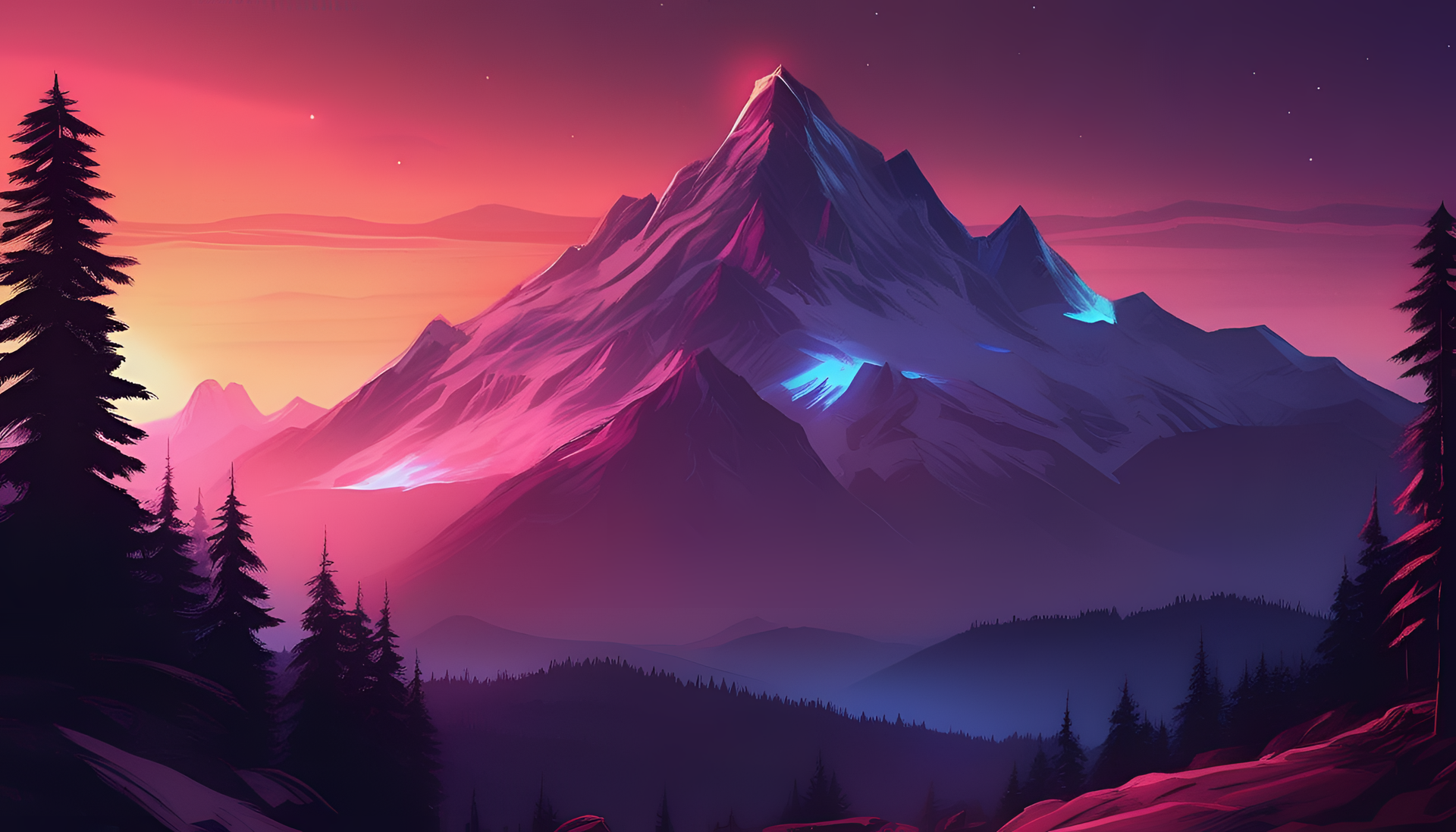 Glowing mountain landscape at sunset.