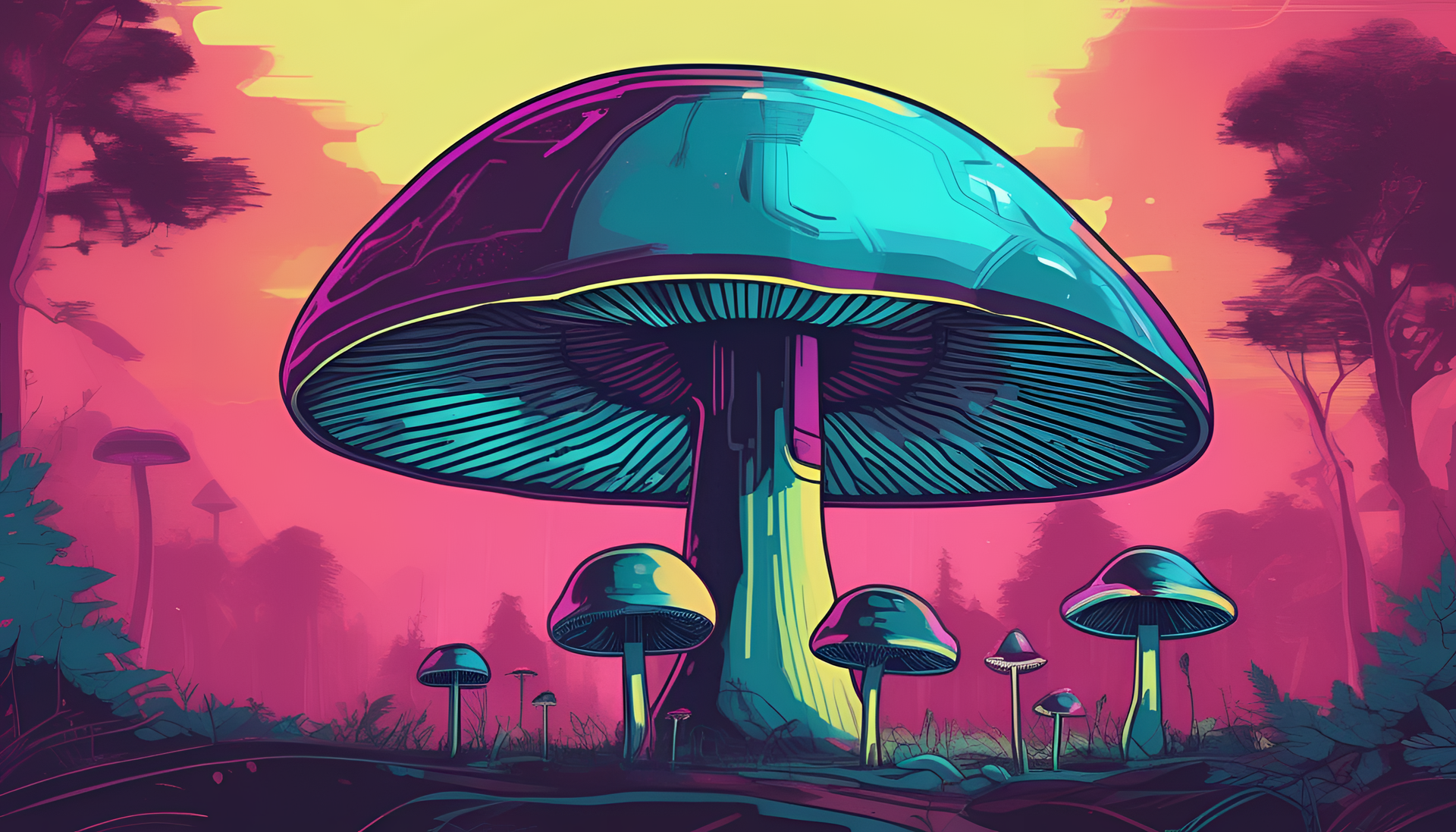 Colorful psychedelic mushroom with neon tones in a retro sci-fi style.