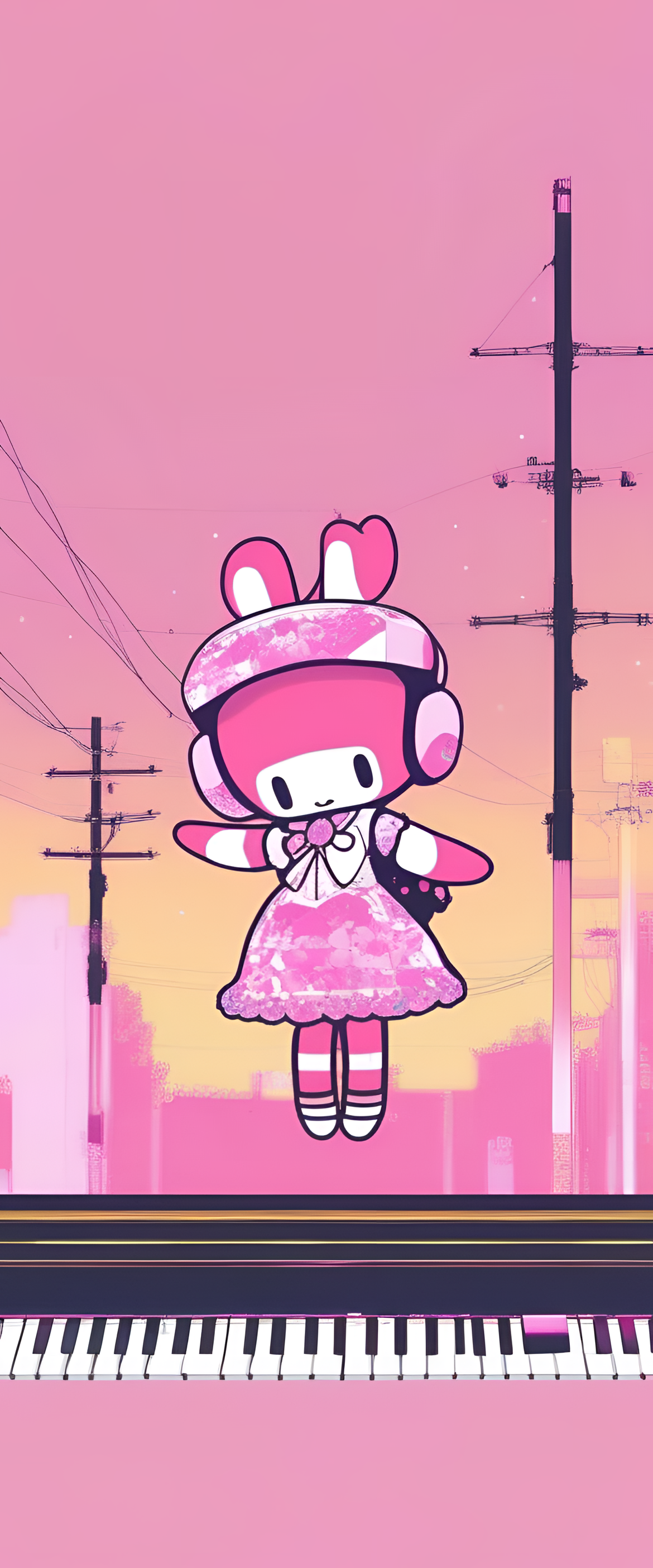 My Melody glitched wallpaper with vibrant colors and abstract patterns.