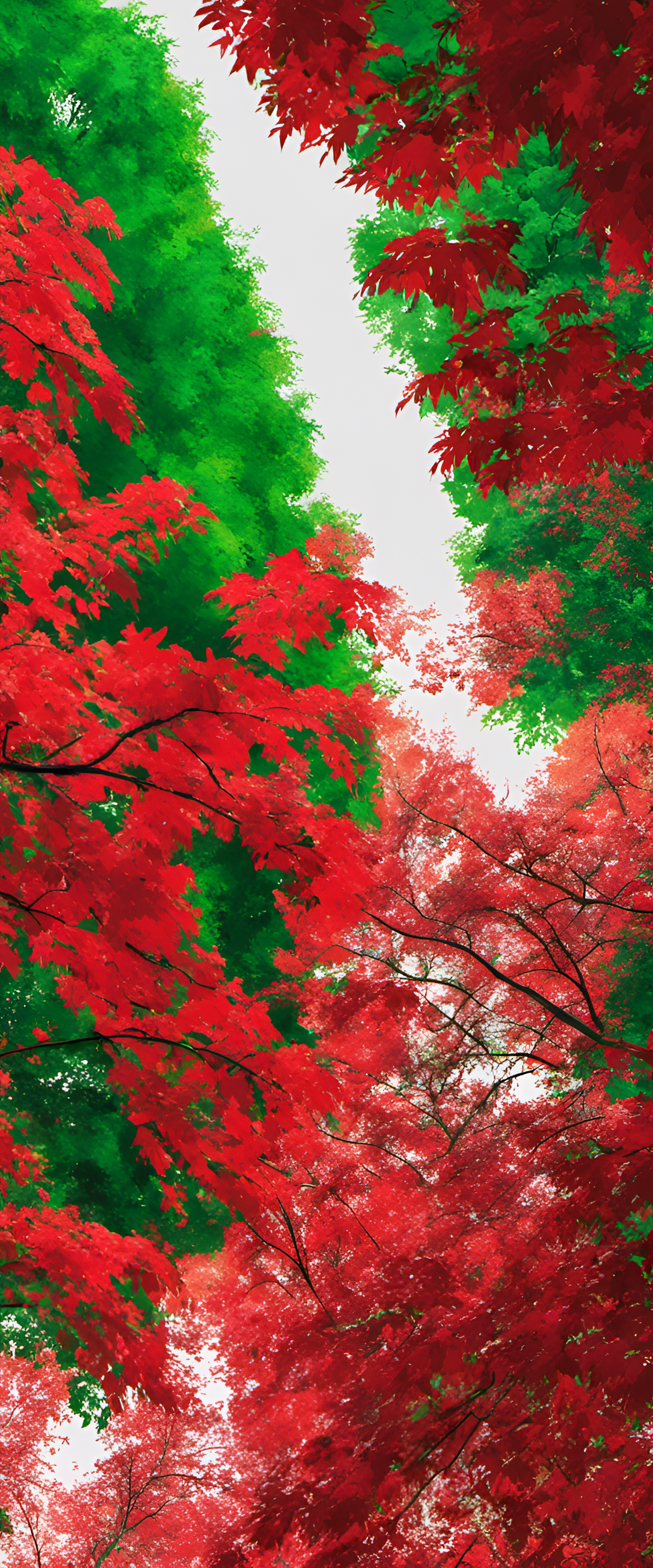 Lush green trees under a fiery red sky.