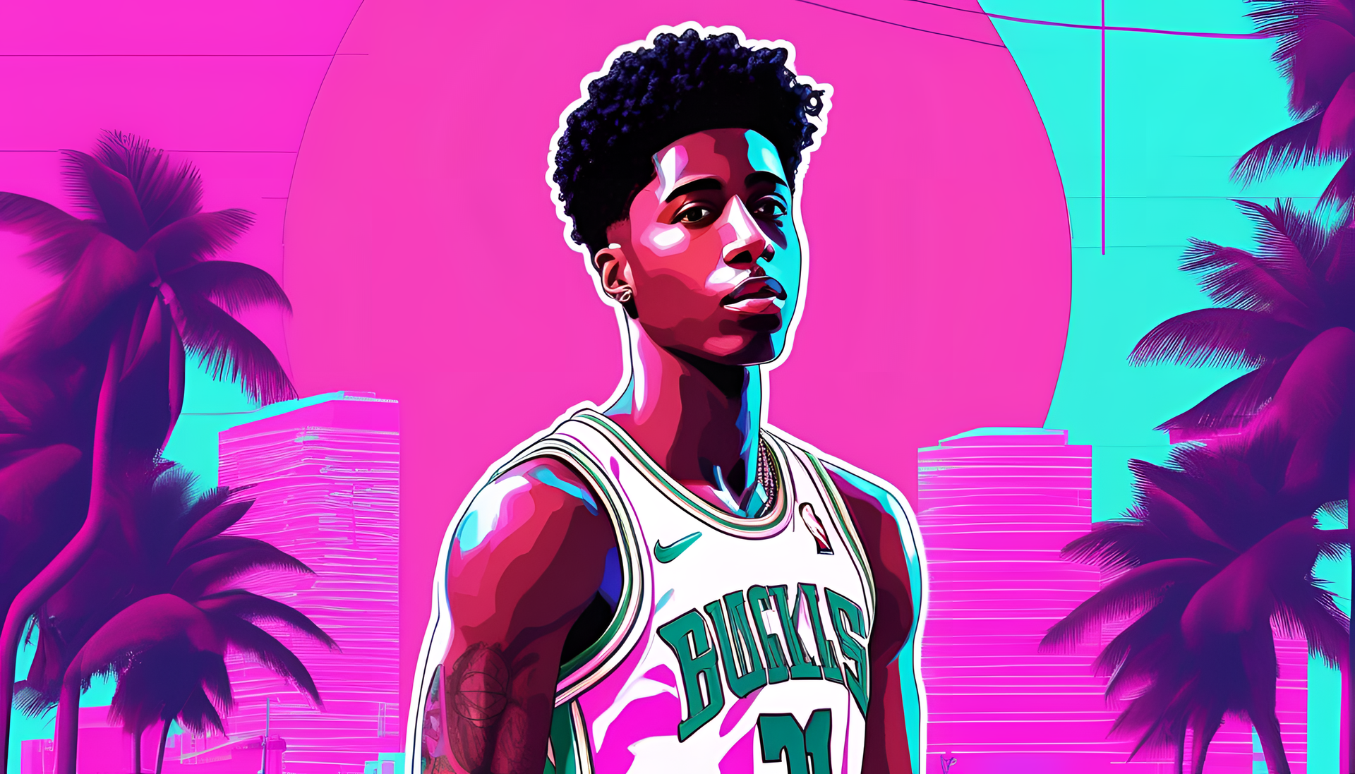 Vibrant vaporwave artwork featuring NBA YoungBoy in a captivating desktop wallpaper.