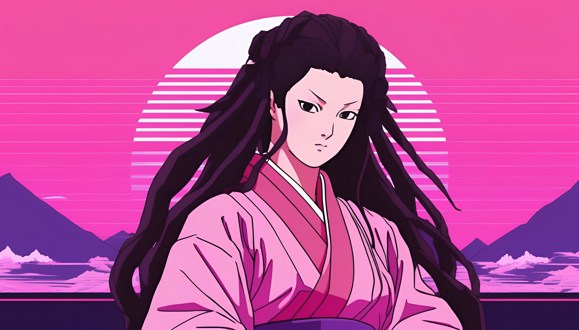 Colorful Nezuko artwork with a retro vaporwave aesthetic.