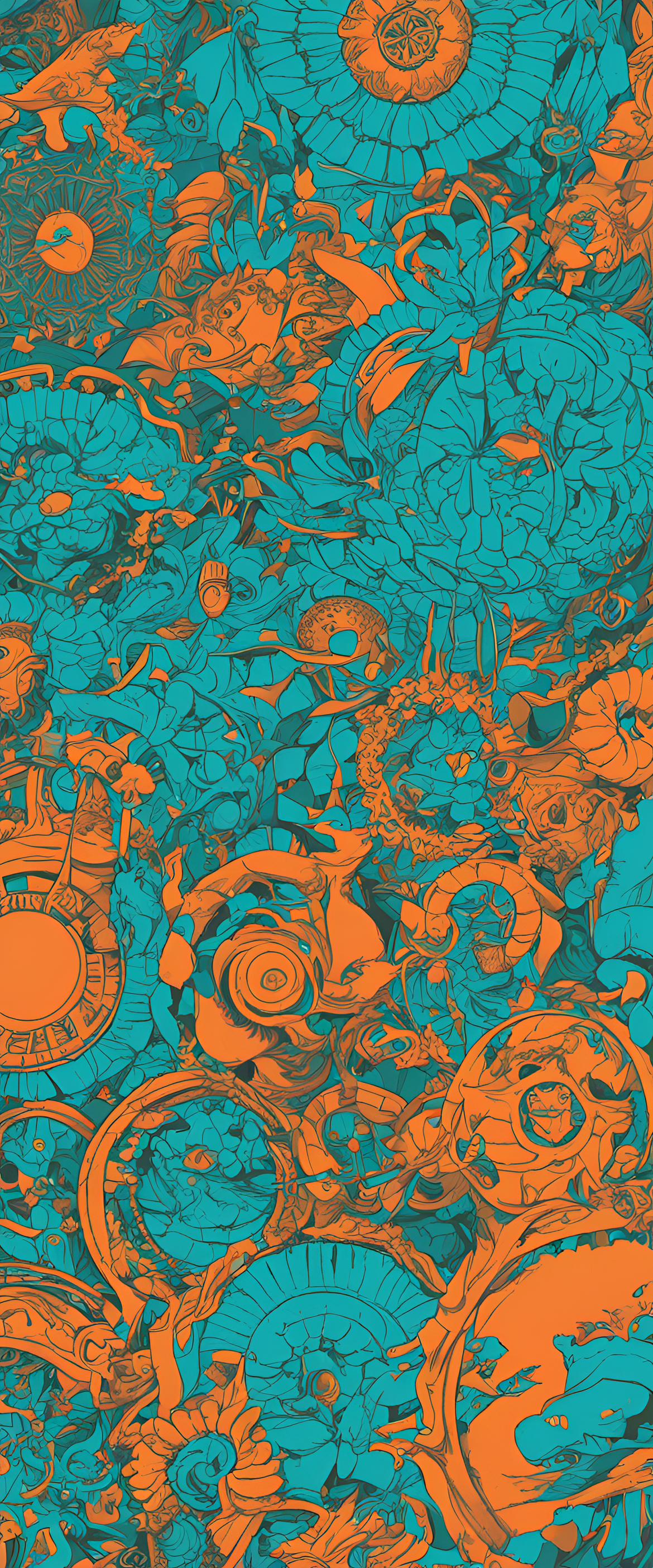 Turquoise and orange wallpaper with One Piece theme.