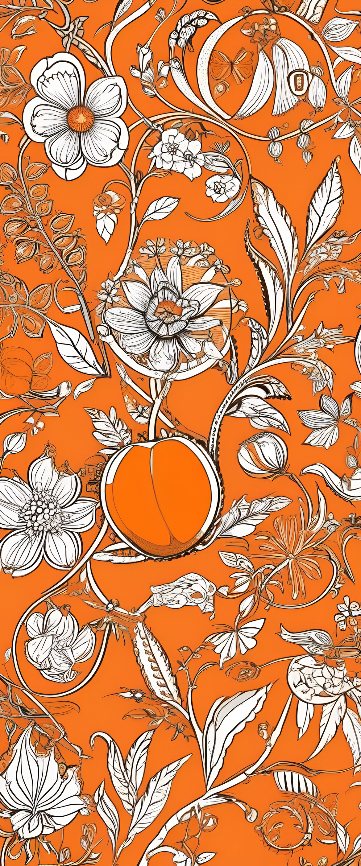 Vibrant orange wallpaper pattern with abstract geometric shapes.