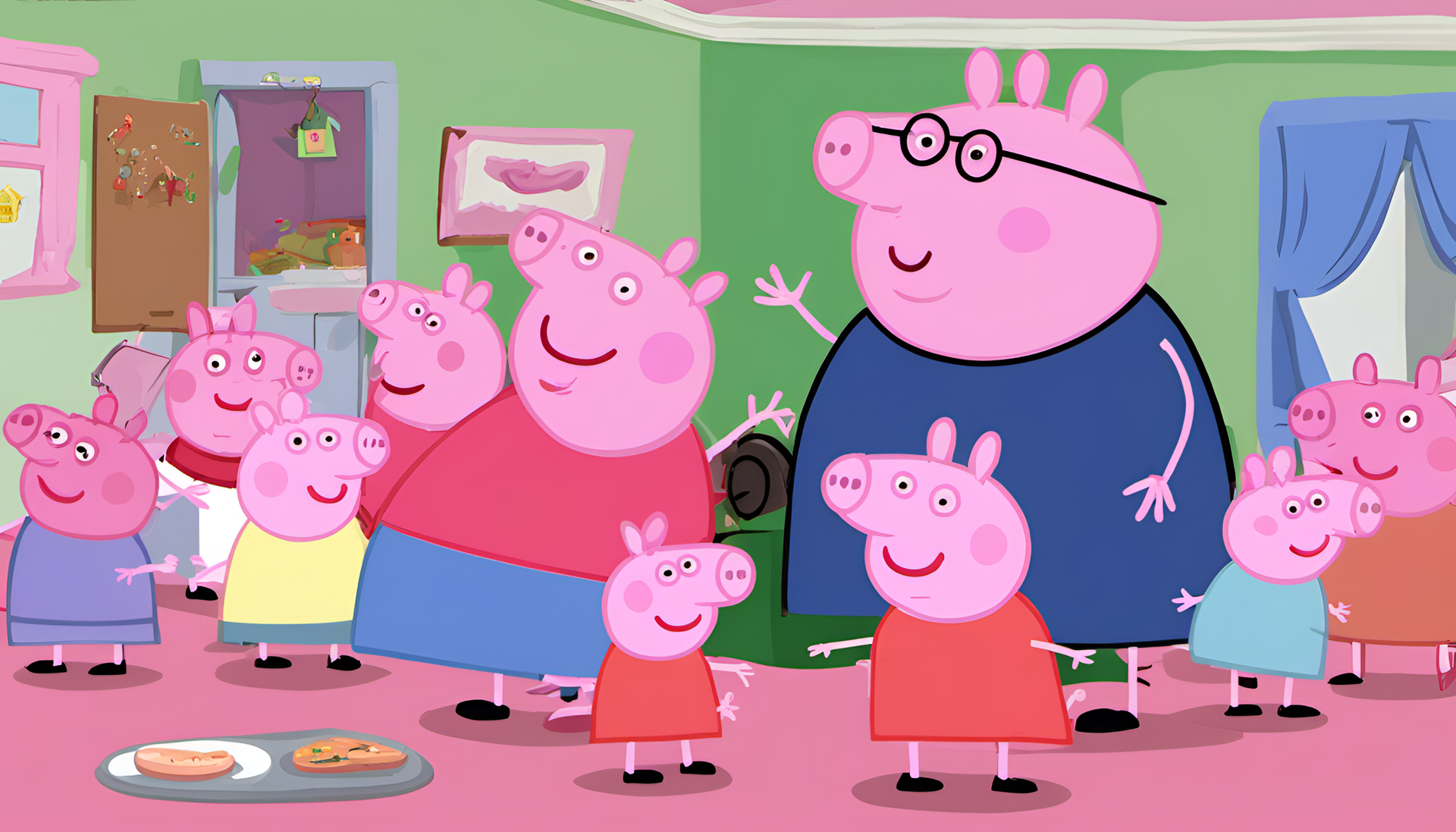 Peppa Pig cartoon character with pink skin and a big smile.