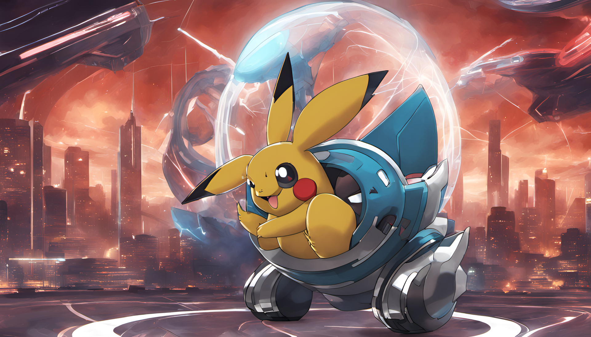 Futuristic Pokemon wallpaper: A dynamic design featuring various Pokemon in a futuristic setting.