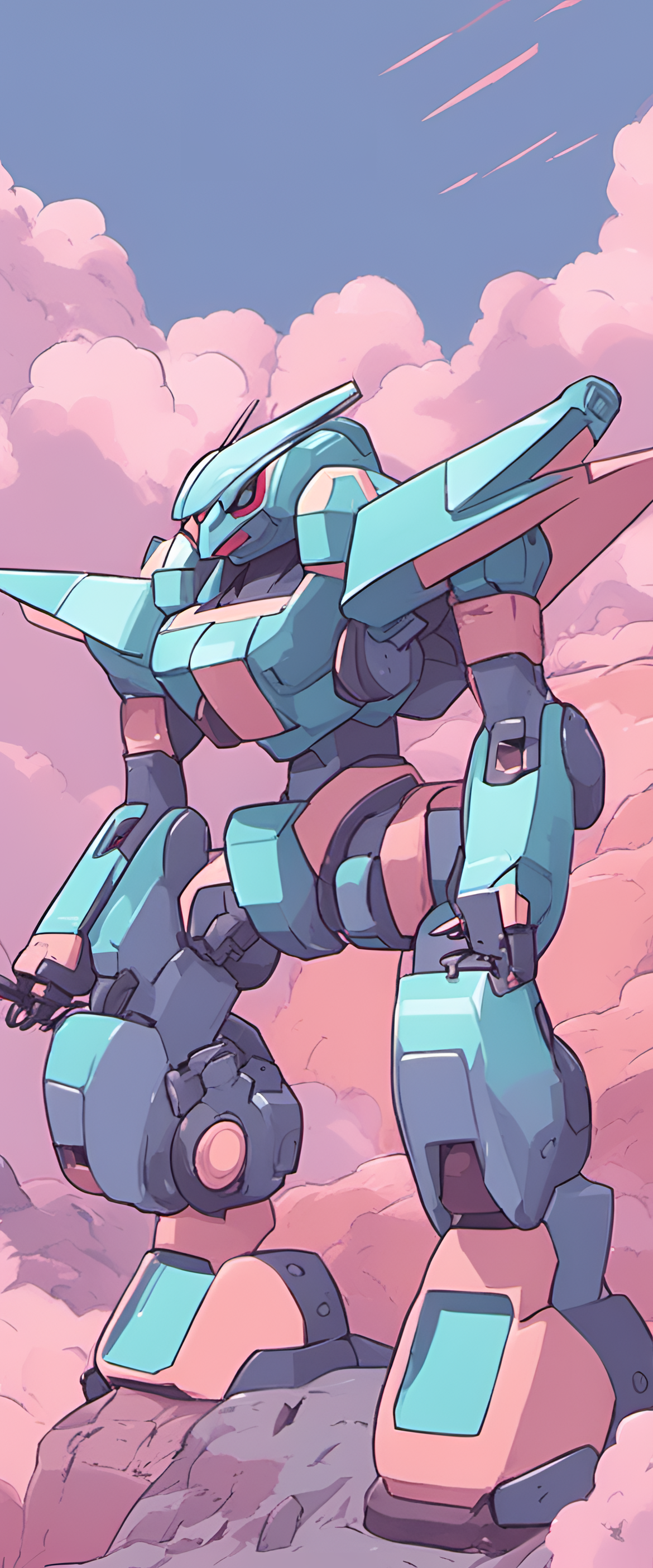 90's mech anime style Pokemon wallpaper on a pastel-colored background.