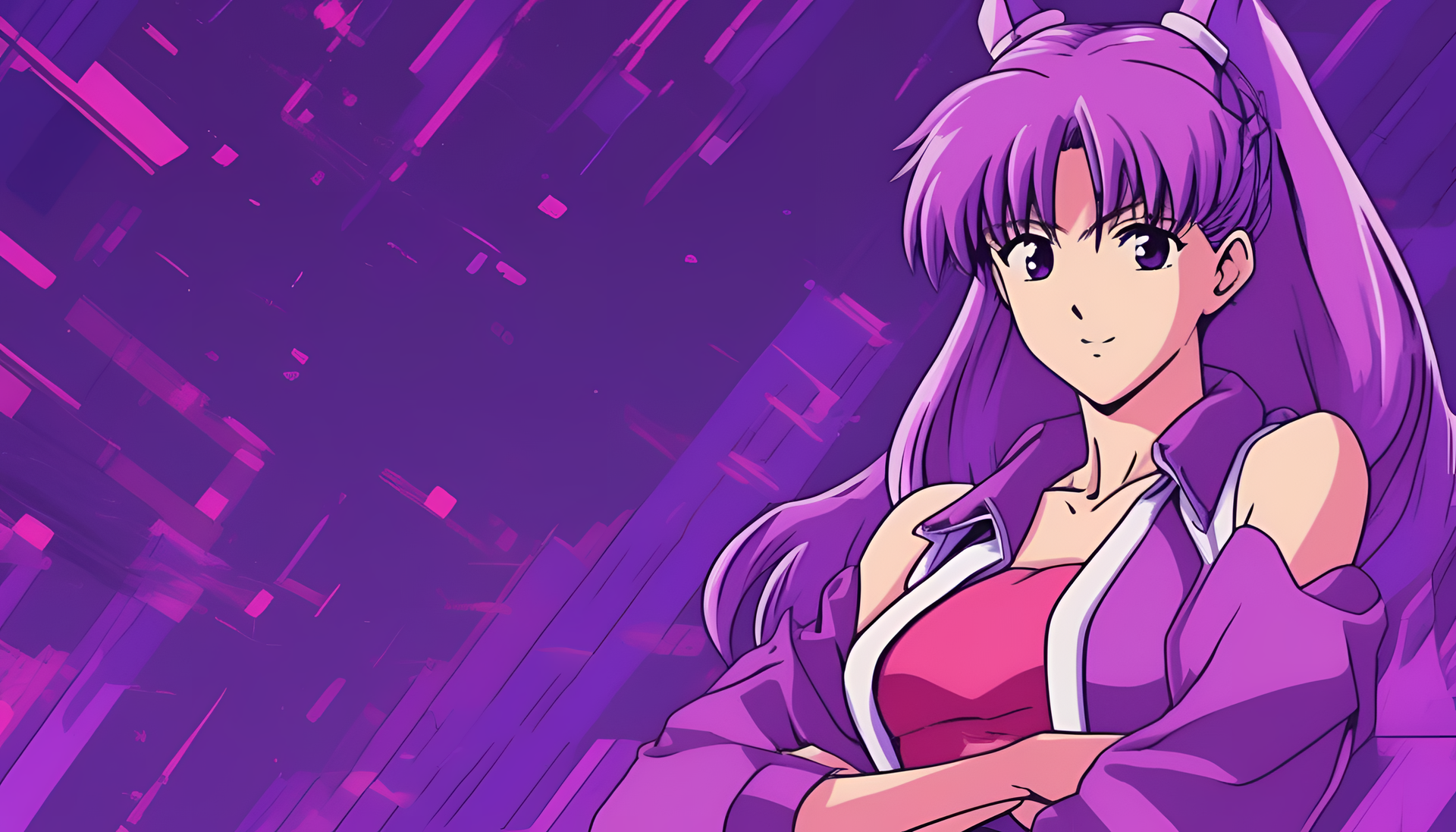 Vibrant purple 1990s anime-inspired desktop wallpaper.