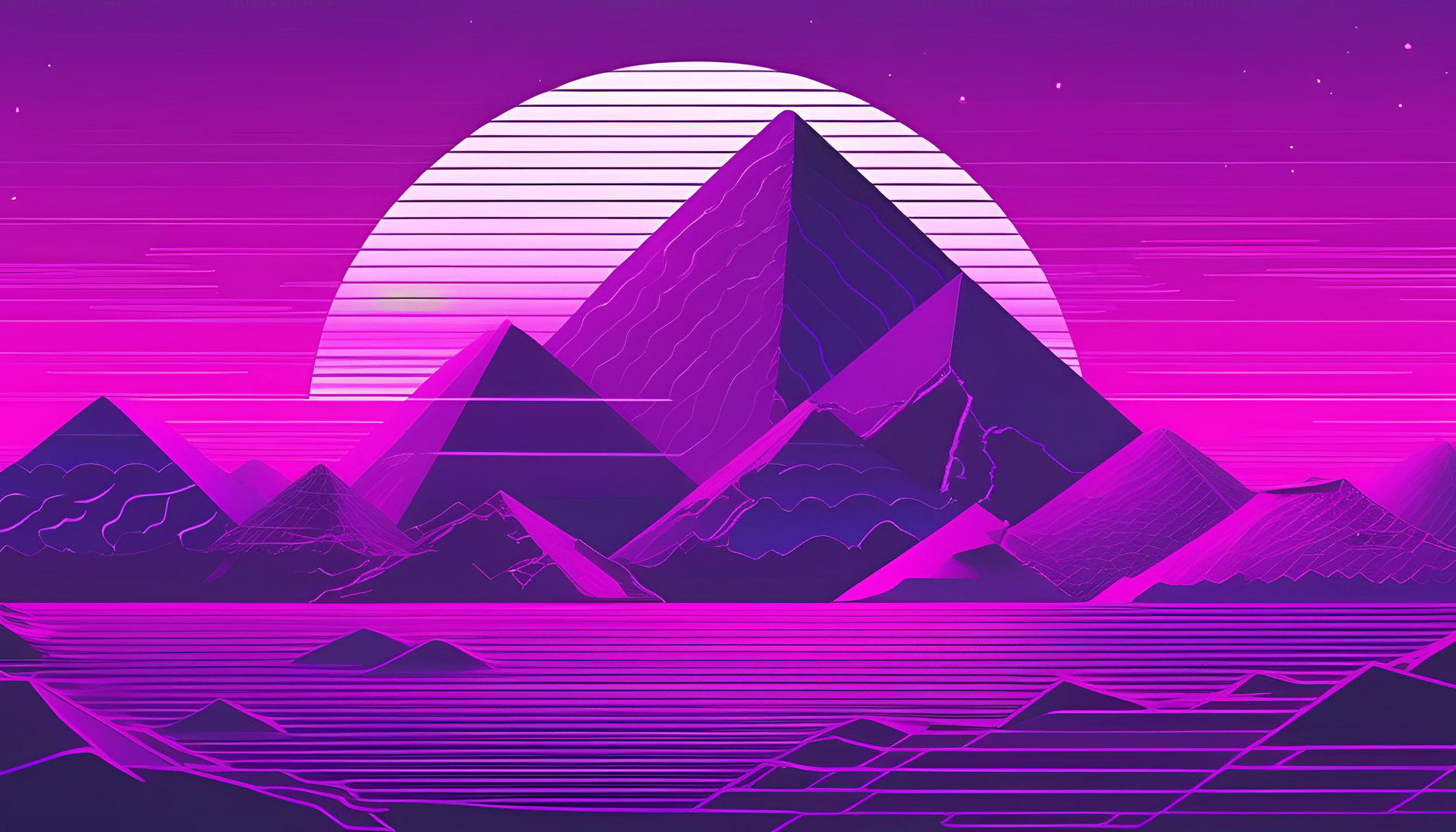 Purple vaporwave background with abstract geometric shapes in gradient hues.