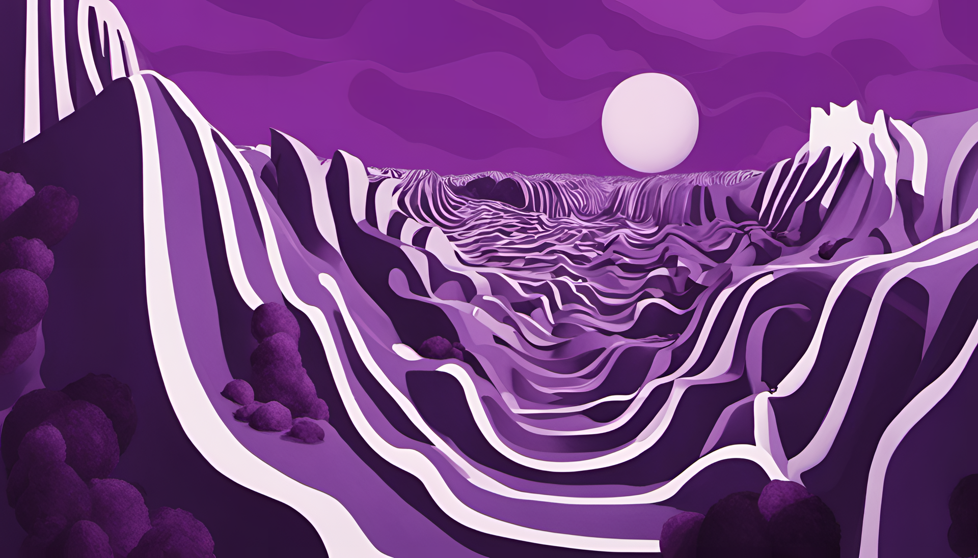 Abstract purple artwork with surrealist elements.