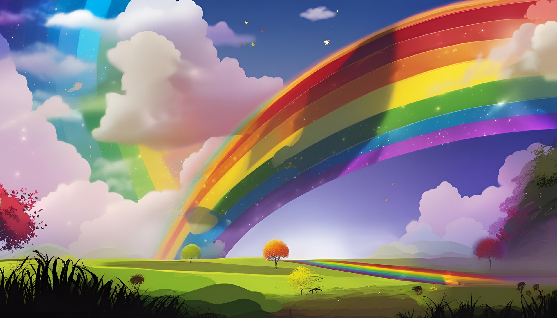 Vibrant digital art with a colorful rainbow as the focal point.