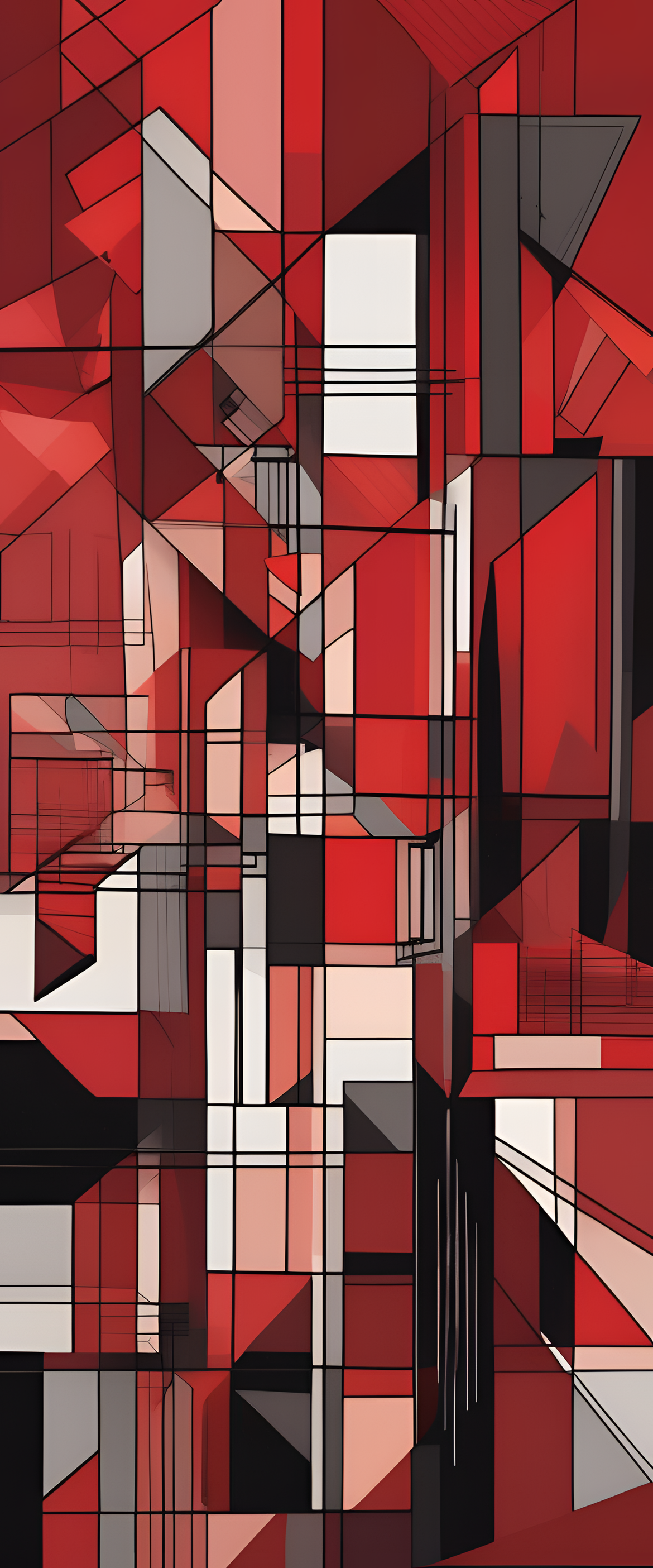 Red abstract art with cubist aesthetic.