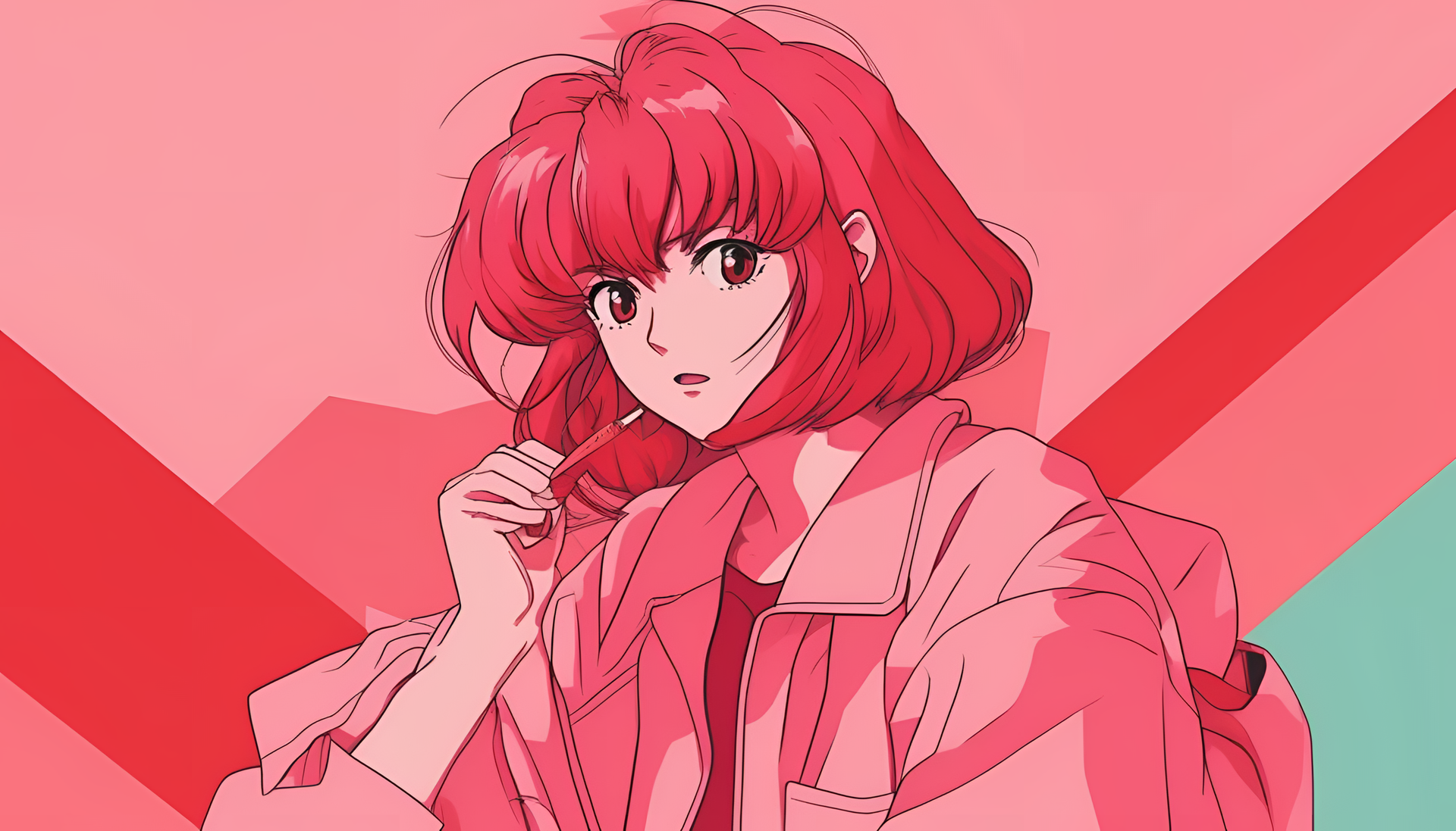 Red pastel-colored 1990s anime-inspired desktop wallpaper.