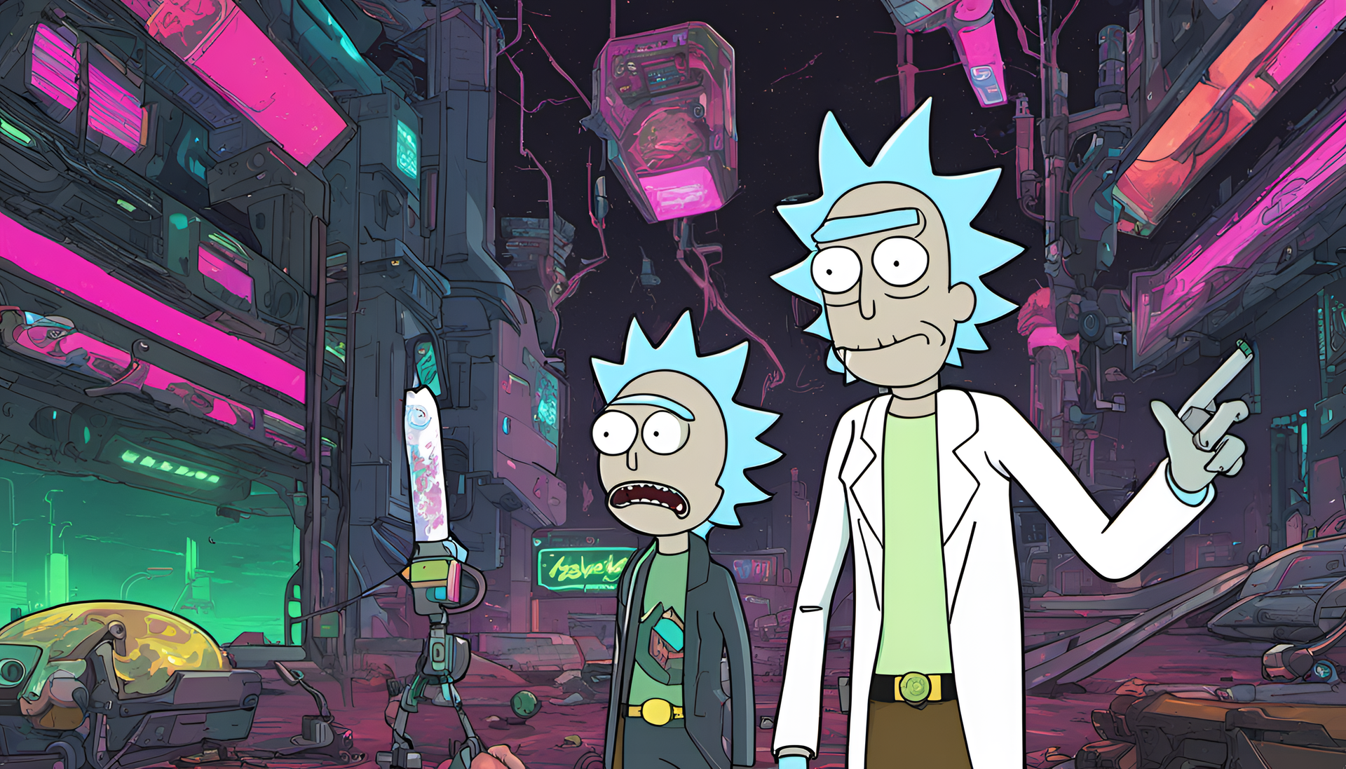 Cyberpunk duo Rick and Morty in ultradetailed wallpaper.