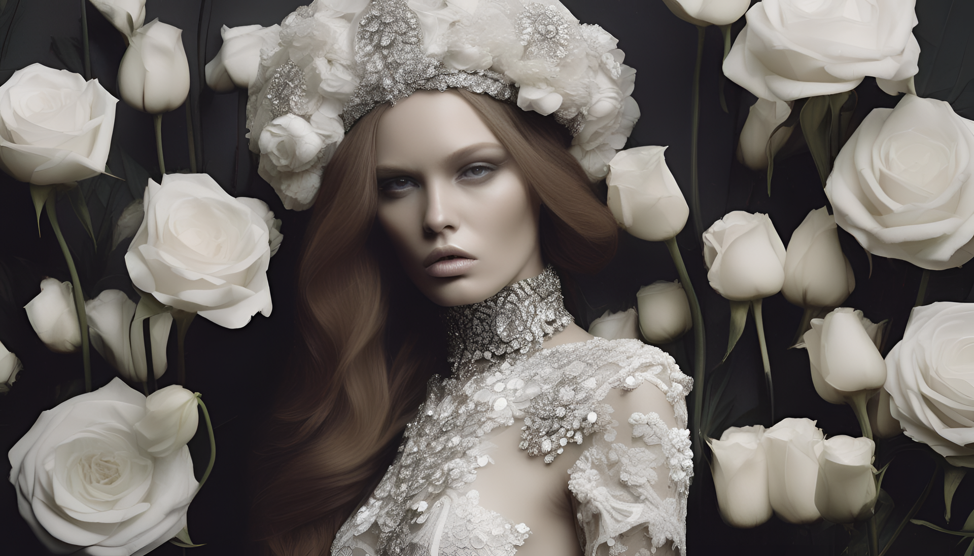 Highly detailed, dark-themed high fashion photography wallpaper with a melancholic atmosphere.