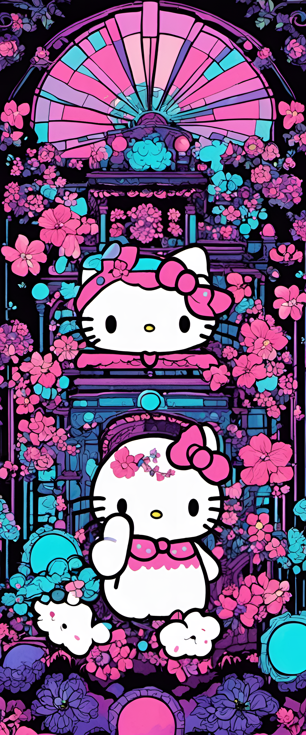 Vibrant Sanrio-themed phone wallpaper in blacklight style.